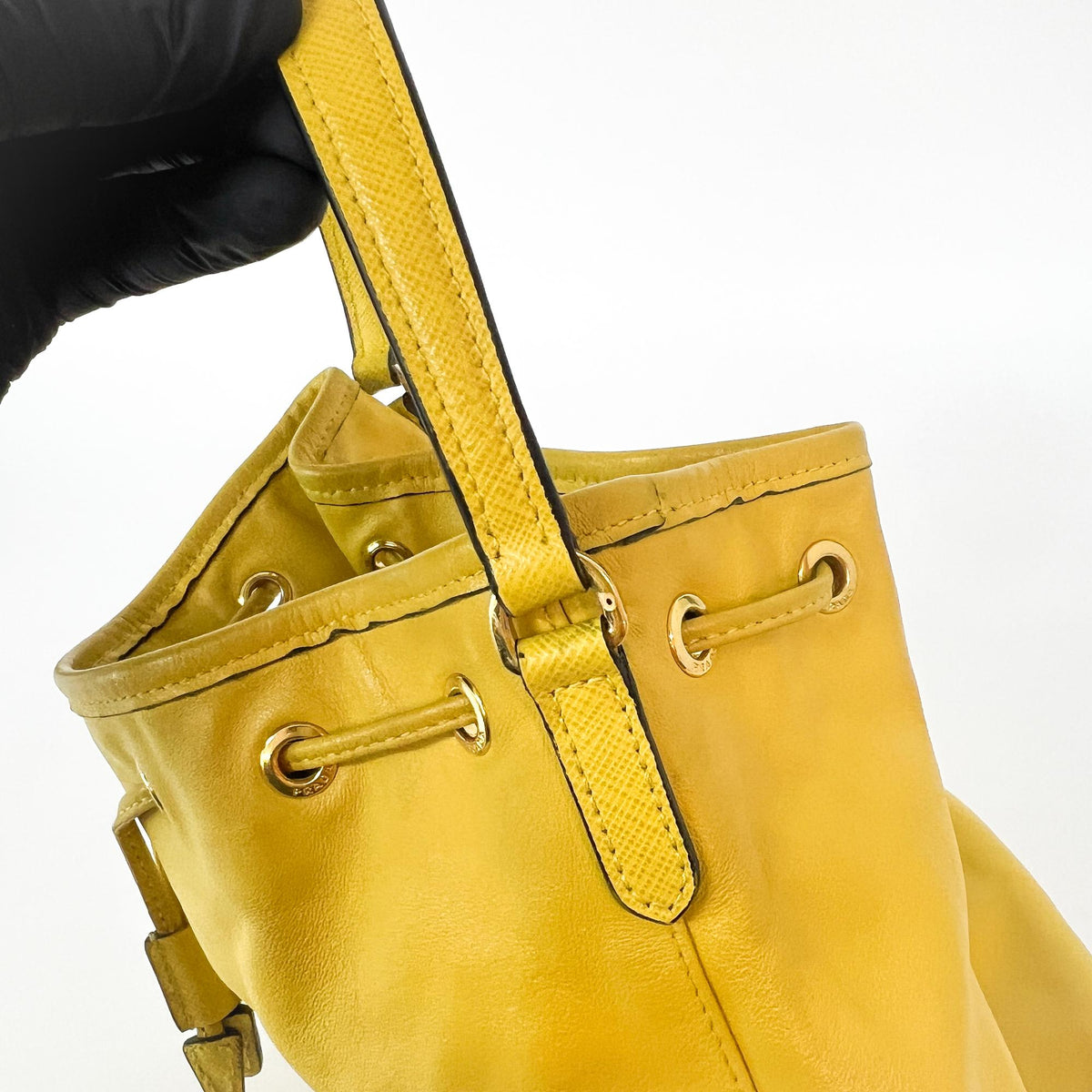 Prada Duet Drawstring Bucket Leather Yellow Leather Handbag (Pre-Owned)