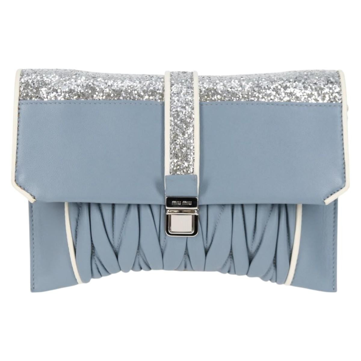 Miu Miu Madras Chain Clutch Matelasse Leather With Glitter Blue Leather Shoulder Bag Bag (Pre-Owned)