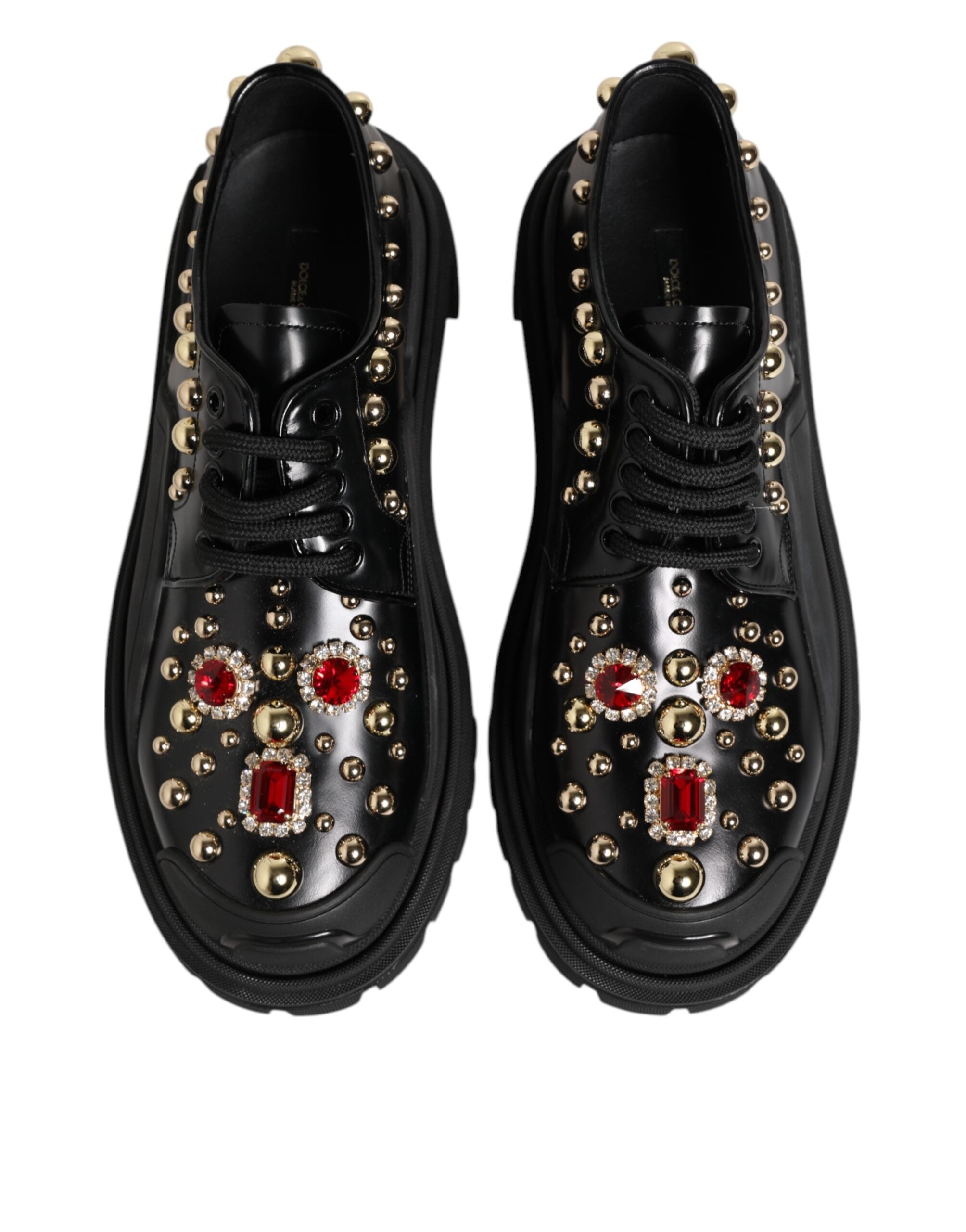 Dolce & Gabbana Black Leather Jeweled Crystals Derby Women's Shoes