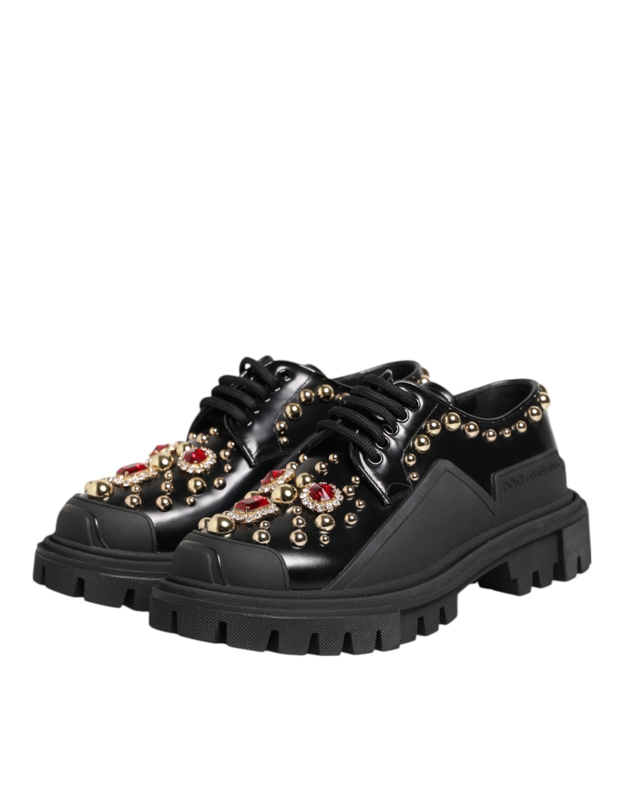 Dolce & Gabbana Black Leather Jeweled Crystals Derby Women's Shoes