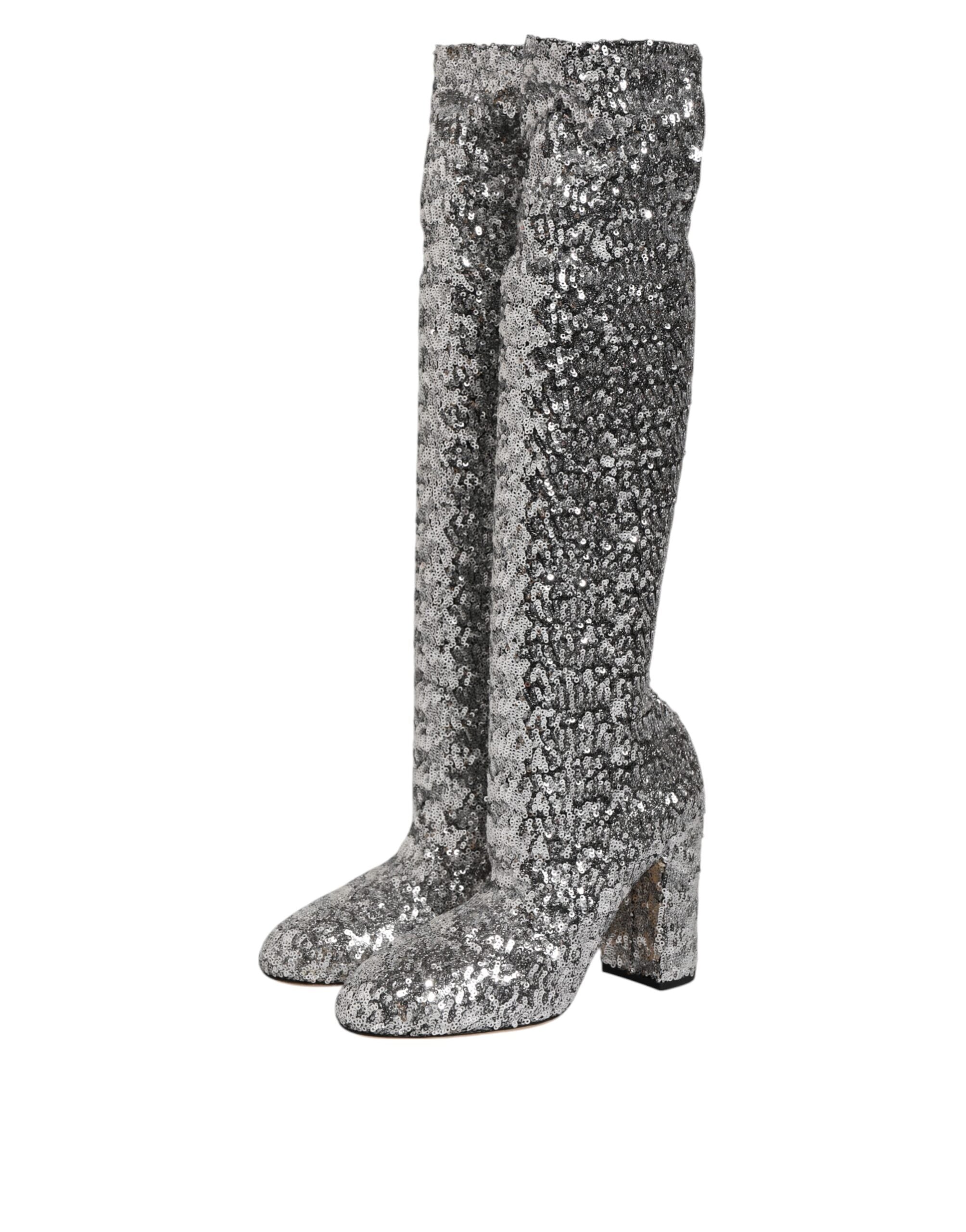 Dolce & Gabbana Women's Silver Sequins Glitter High Heel Boot Women's Shoes