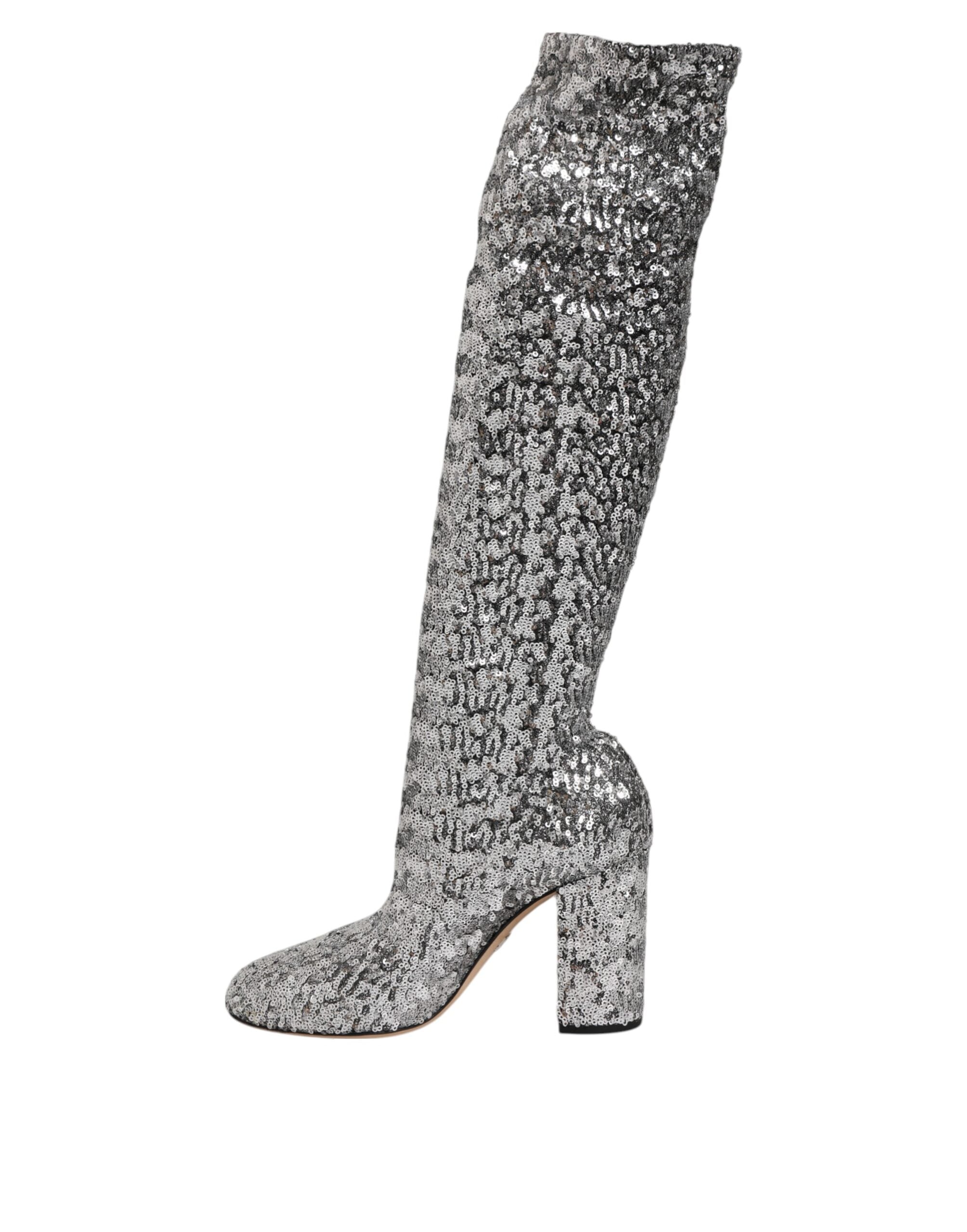 Dolce & Gabbana Women's Silver Sequins Glitter High Heel Boot Women's Shoes