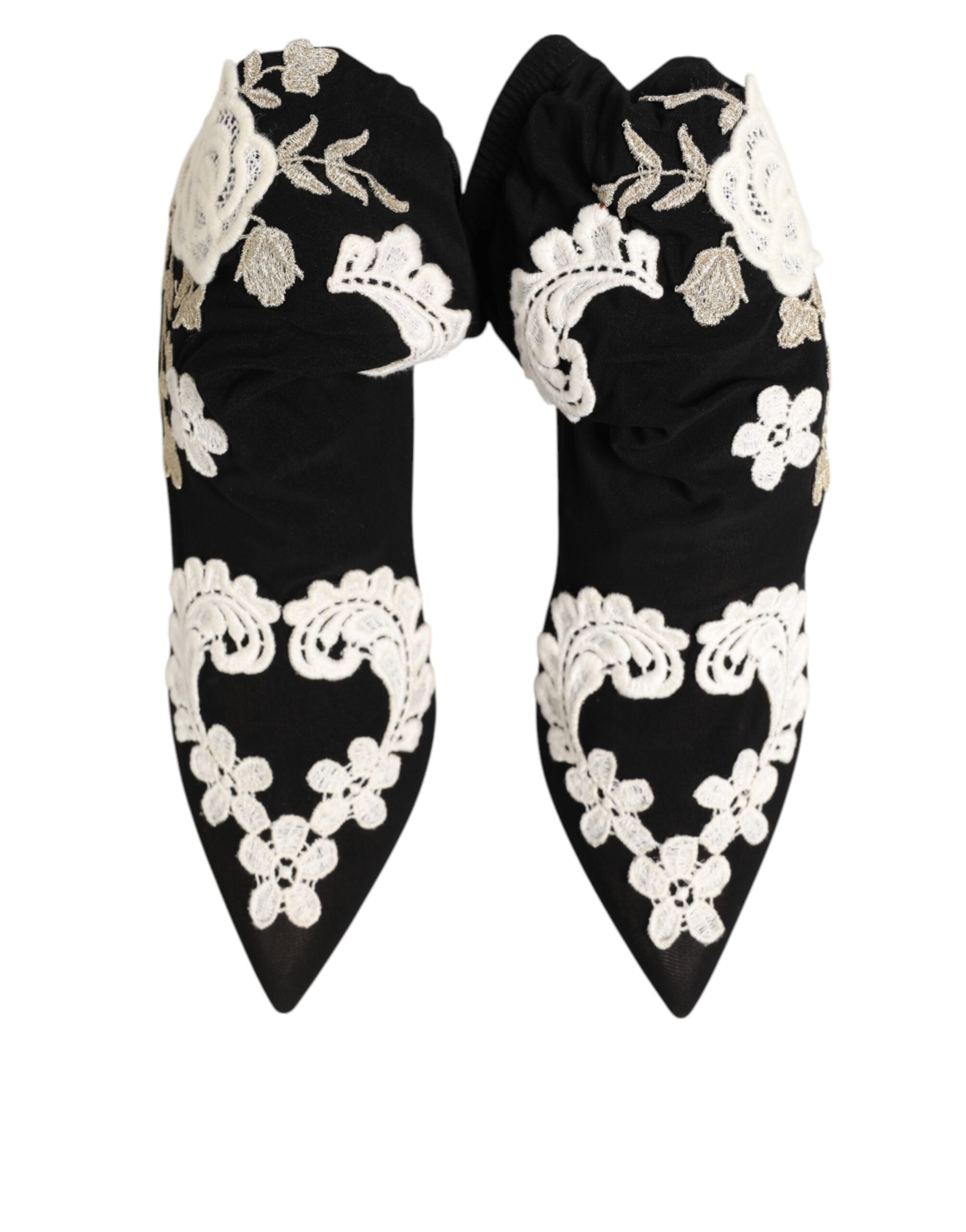 Dolce & Gabbana Black White Embroidered Jersey Stiletto Boots Women's Shoes