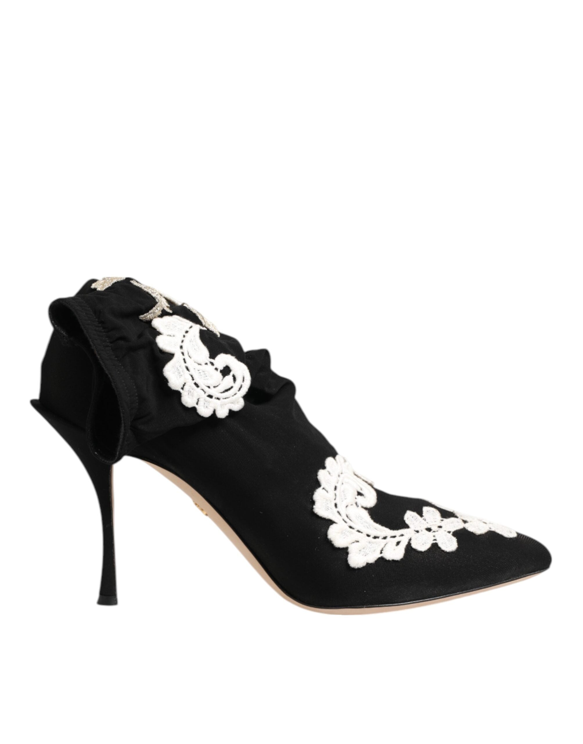 Dolce & Gabbana Black White Embroidered Jersey Stiletto Boots Women's Shoes