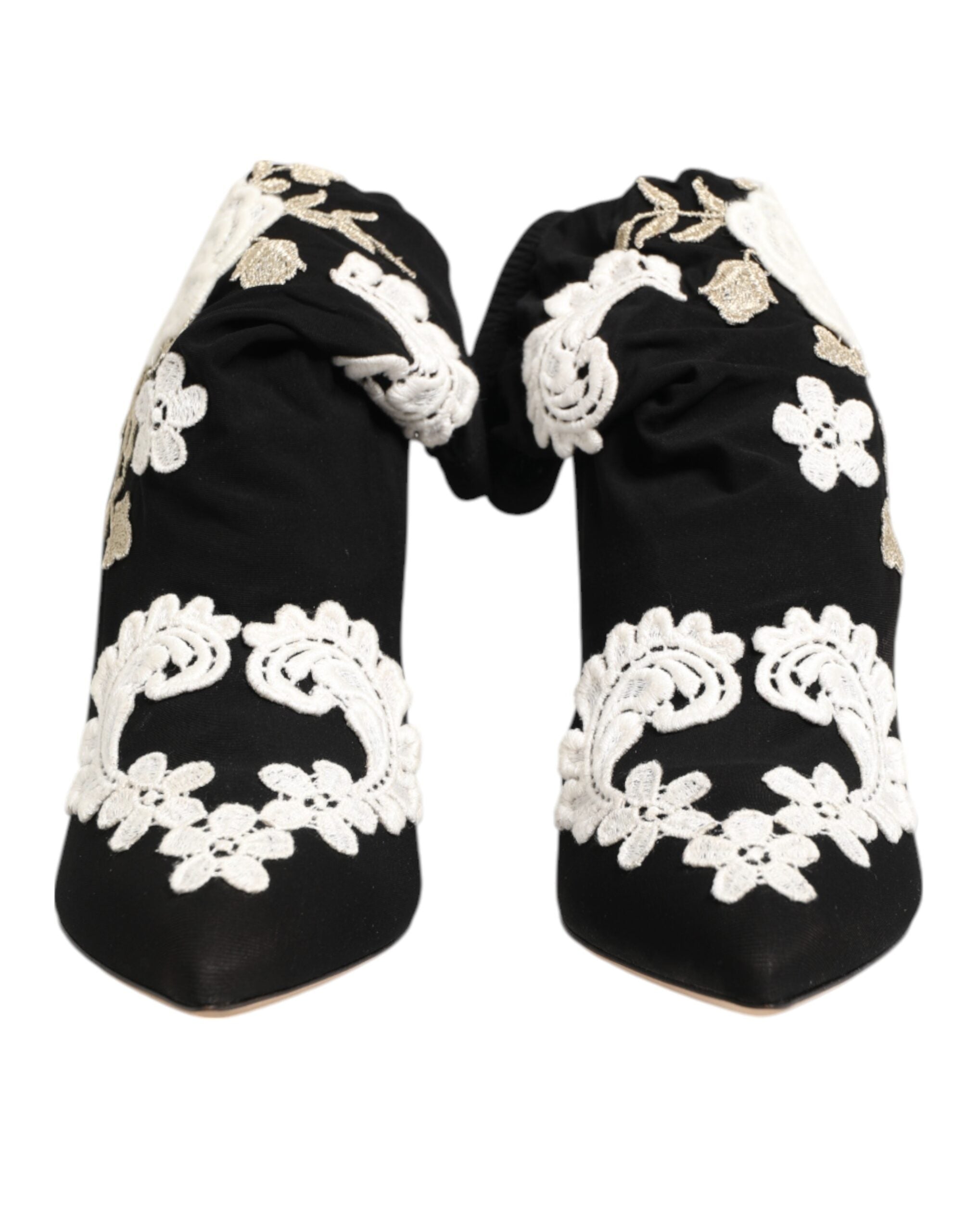 Dolce & Gabbana Black White Embroidered Jersey Stiletto Boots Women's Shoes