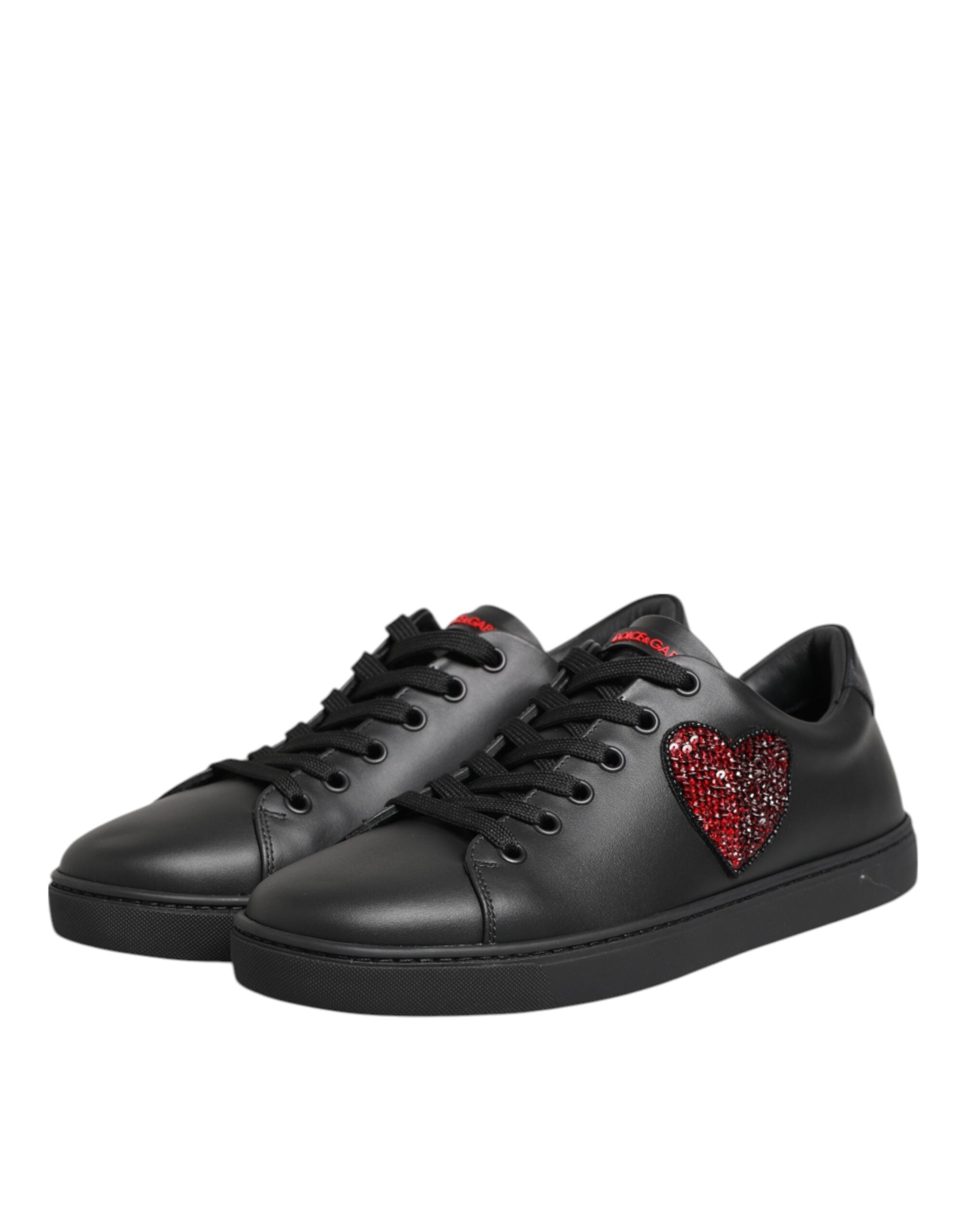 Dolce & Gabbana Black Leather Crystal Heart Low Top Sneakers  Women's Shoes