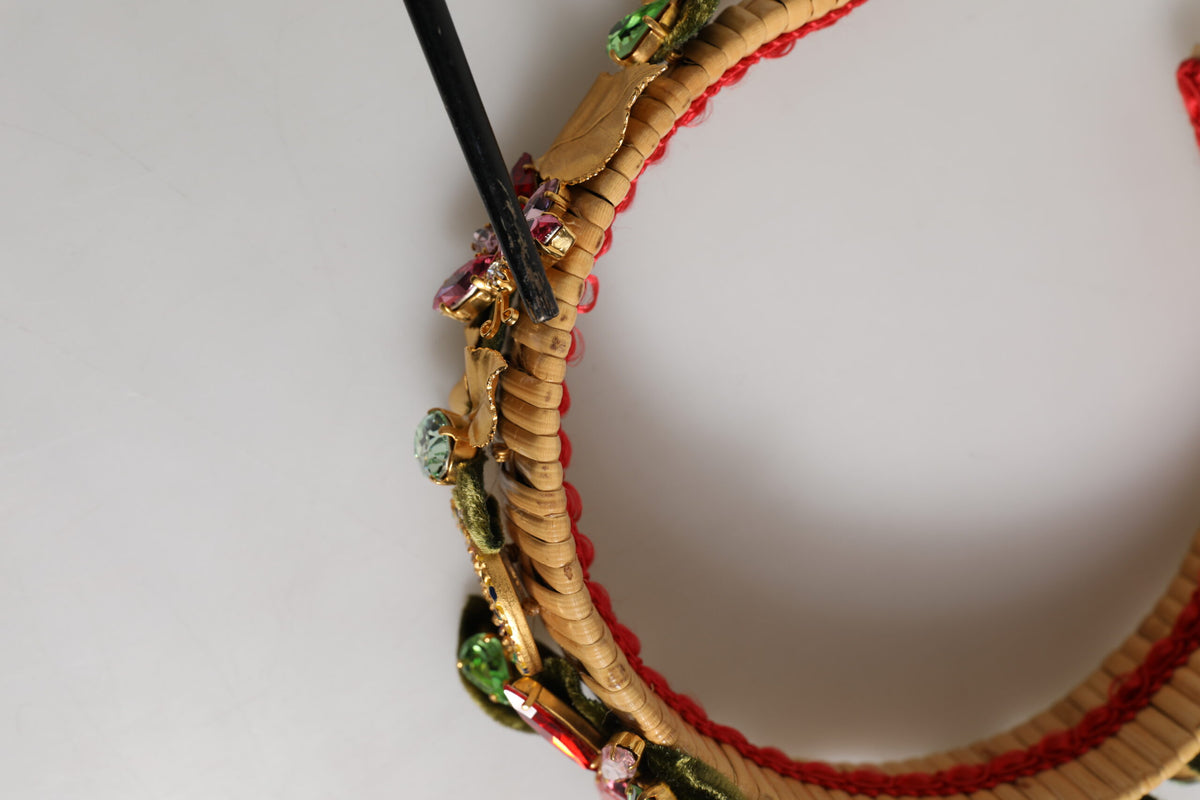 Dolce & Gabbana Multicolor Crystal Floral Gold Green Velvet Crown Women's Headband (Pre-Owned)