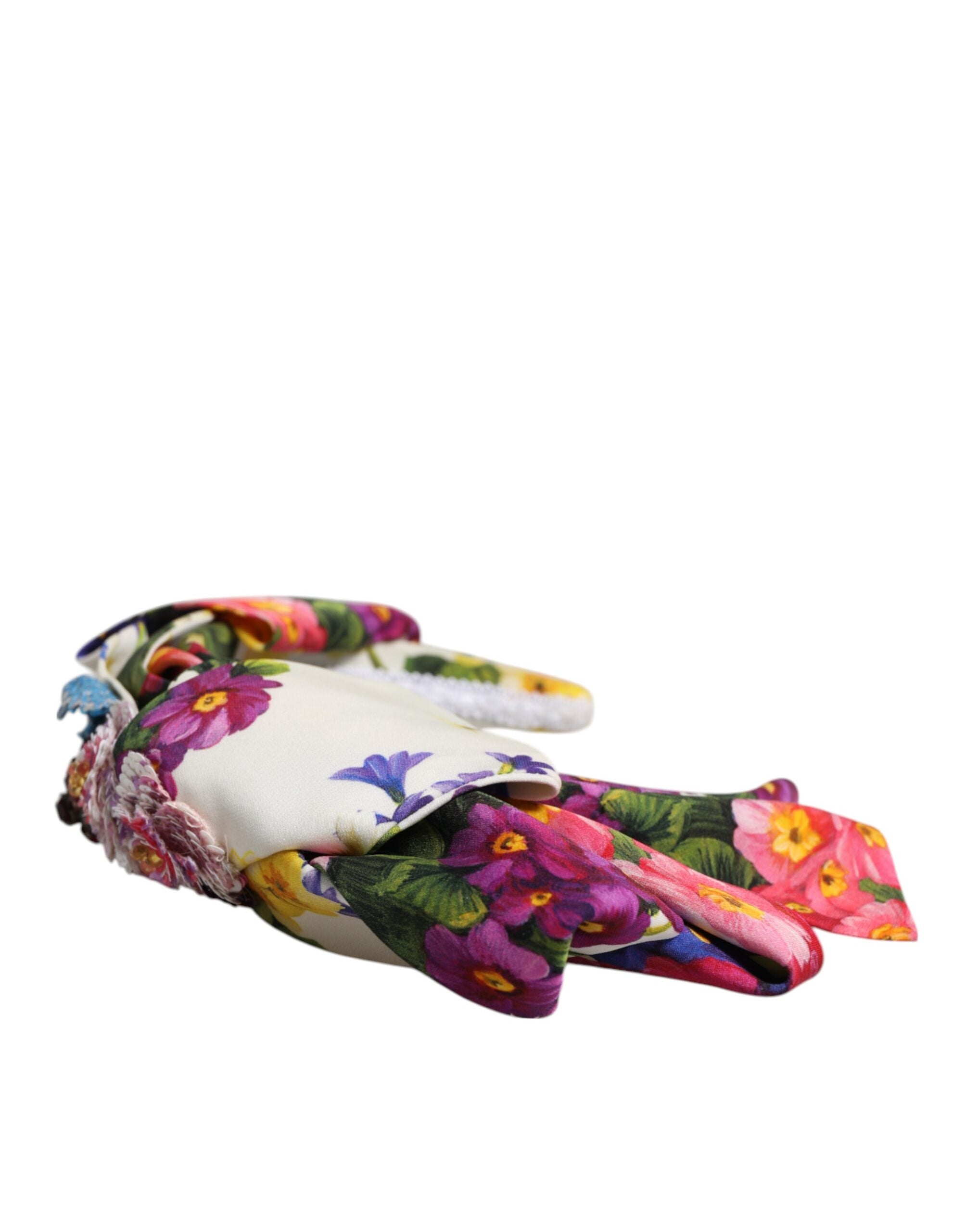 Dolce & Gabbana White Multicolor Floral Silk Bow Crystal Embellished Women's Headband