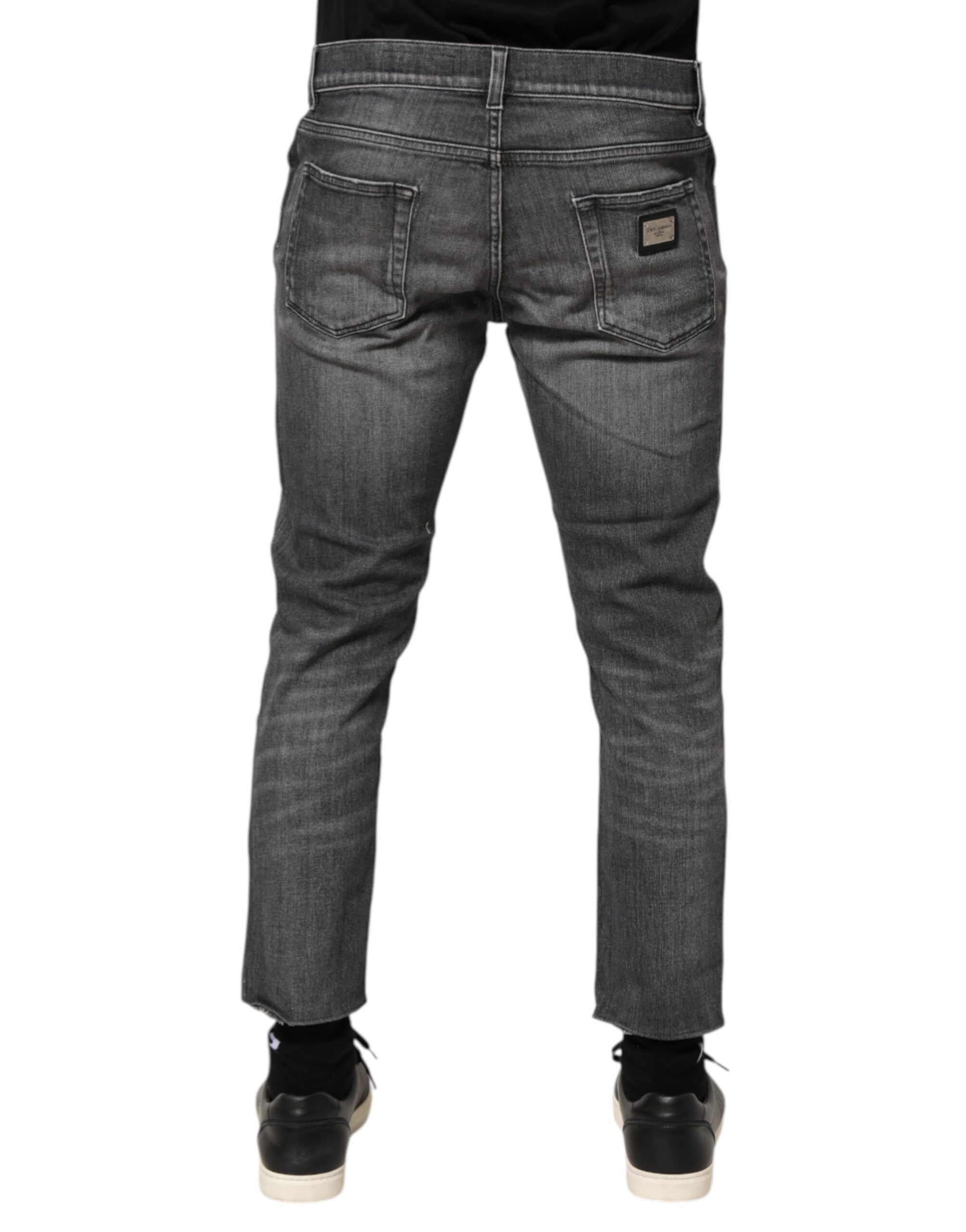 Dolce & Gabbana Grey Cotton Denim Slim Fit Distressed Pants Men's Jeans (Pre-Owned)