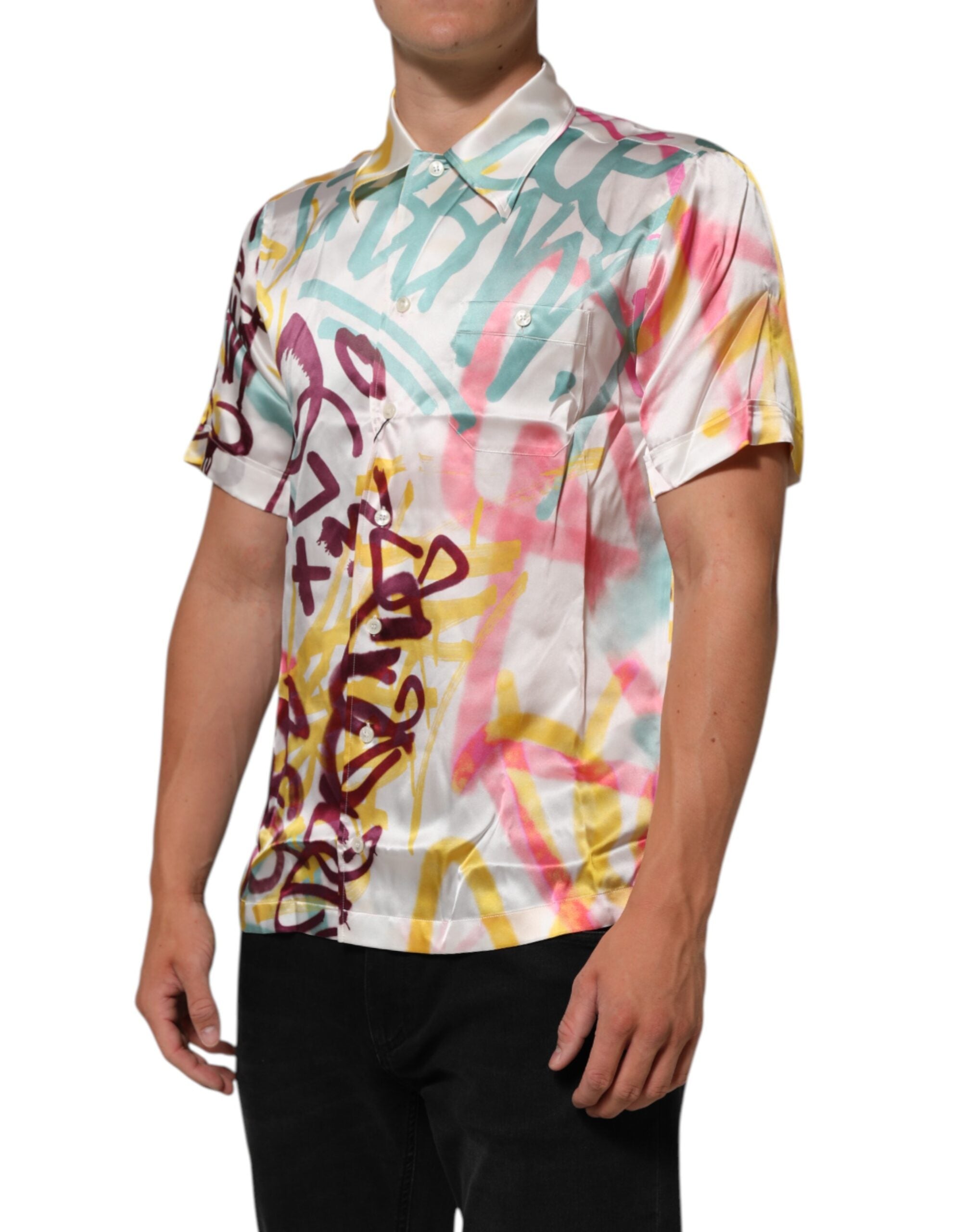 Dolce & Gabbana White Silk Hawaiian Graffiti Print Men Casual Men's Shirt