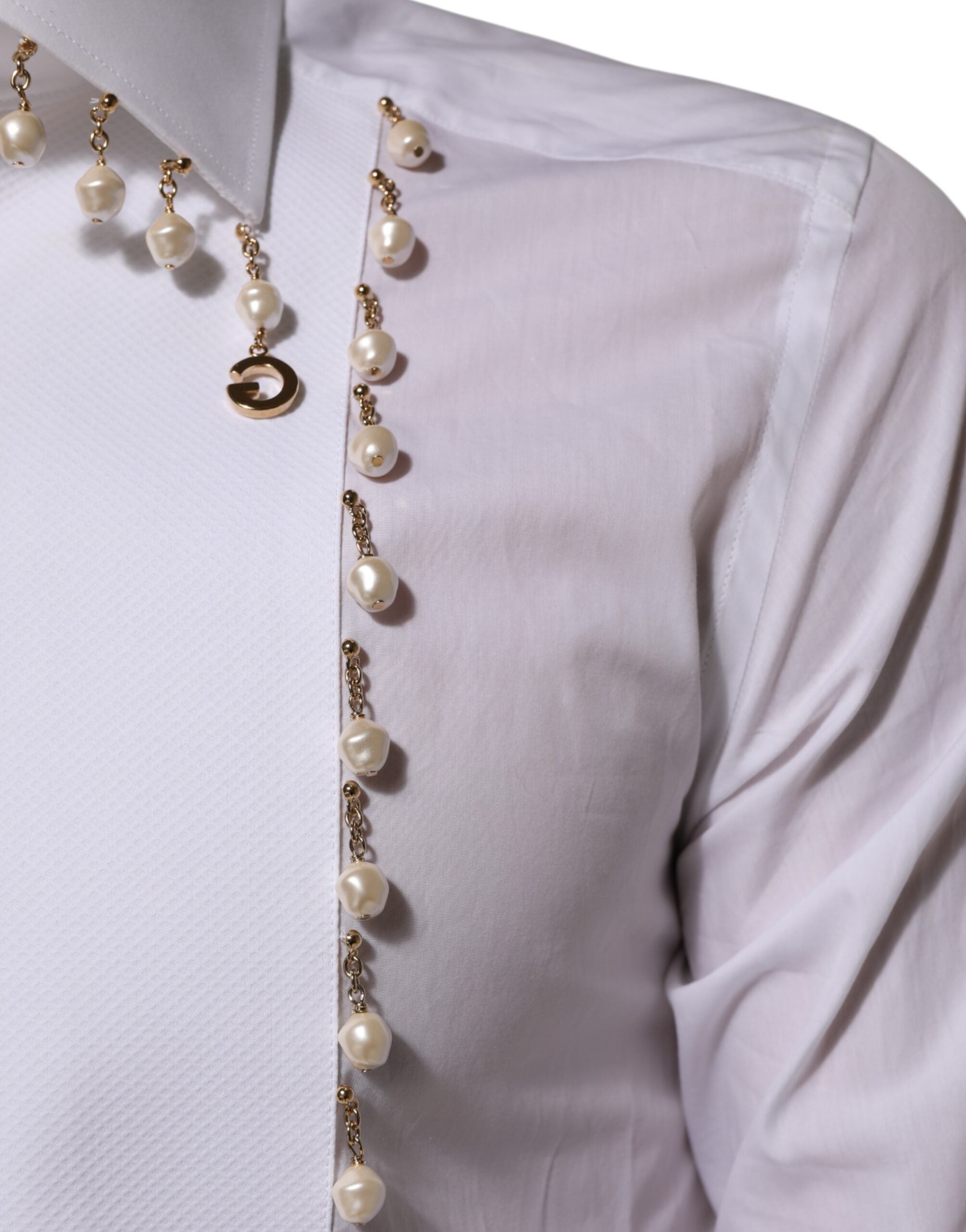 Dolce & Gabbana White Cotton DG Logo Pearl GOLD Formal Men's Shirt