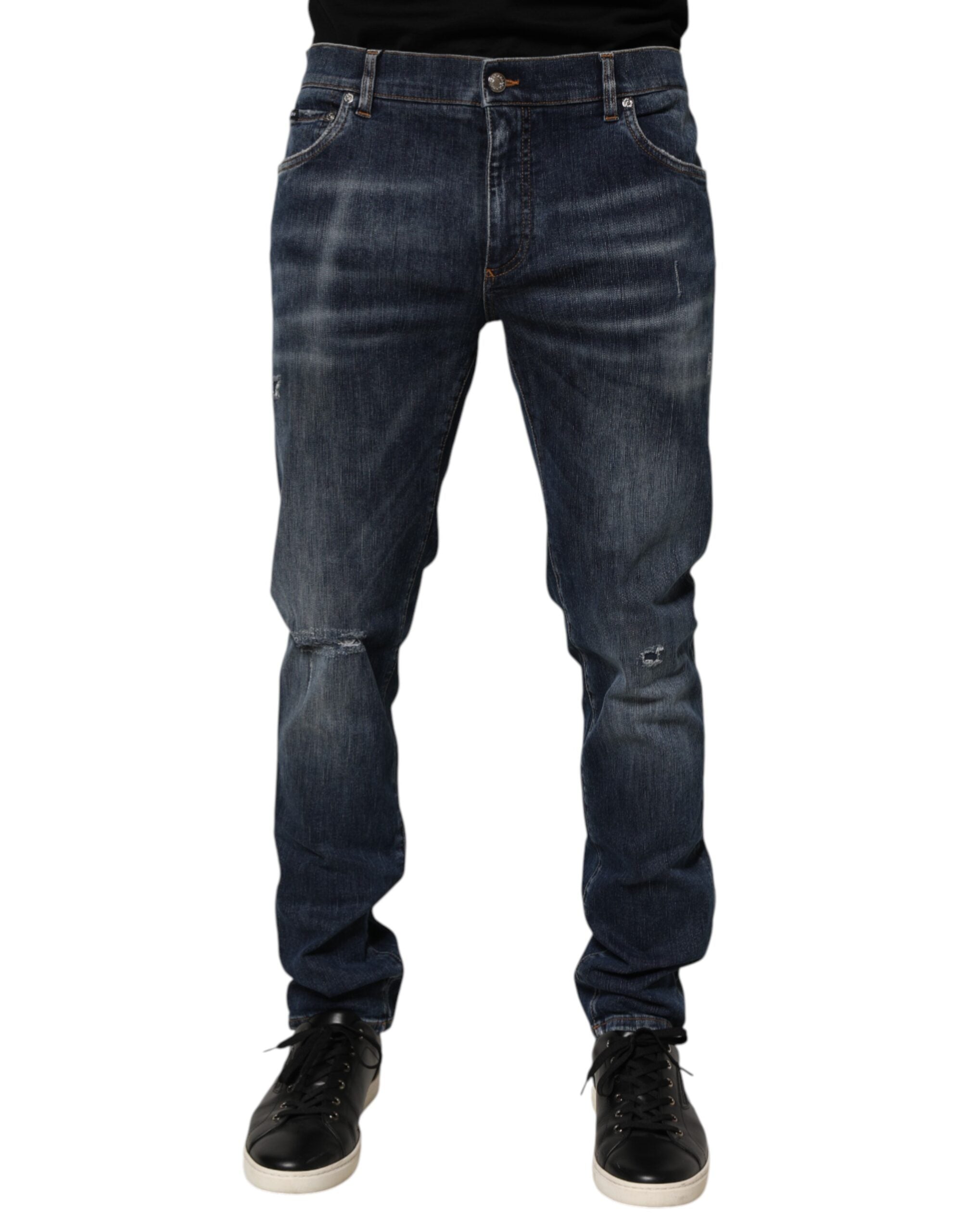 Dolce & Gabbana Dark Blue Washed Running Ripped Denim Men's Jeans