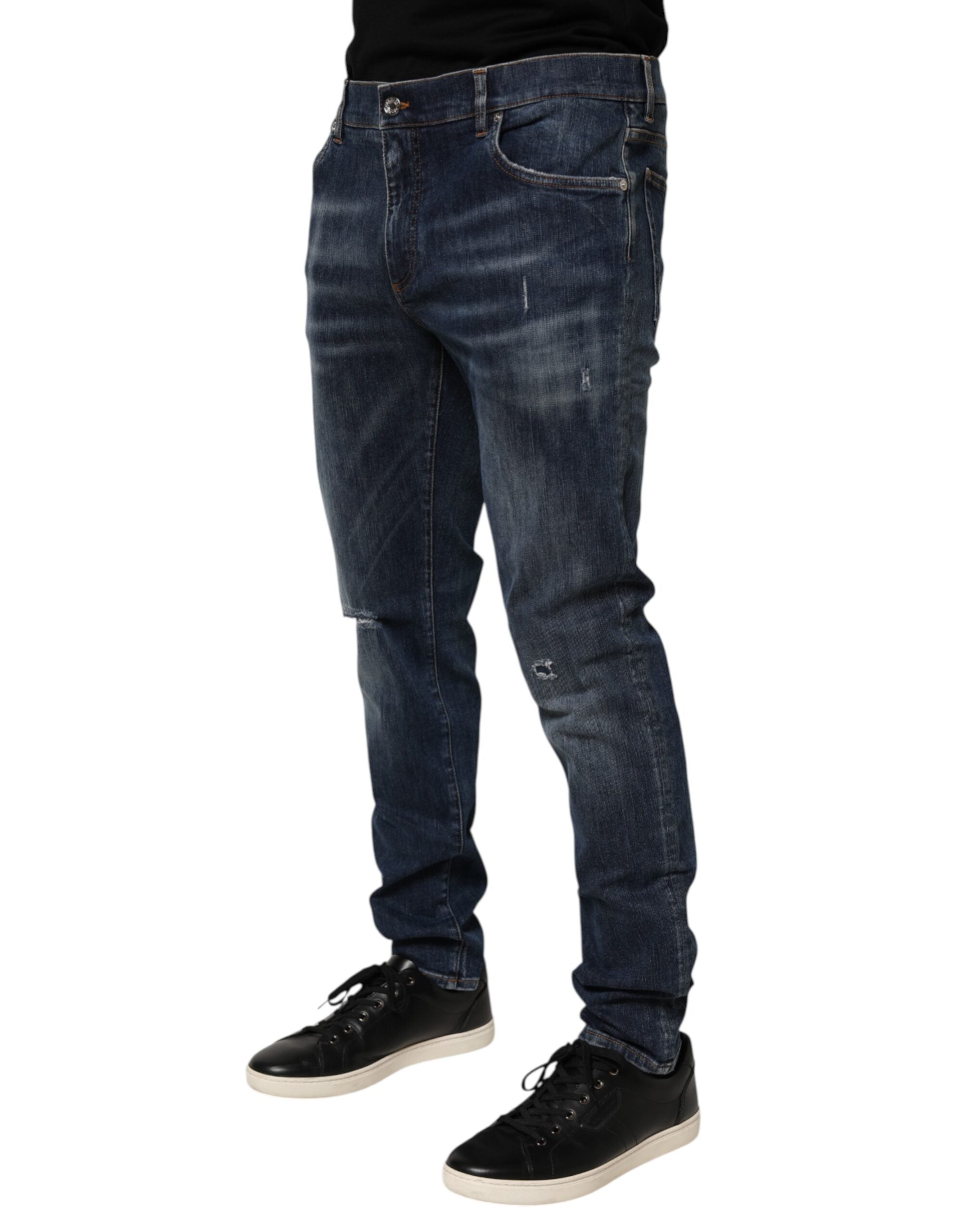 Dolce & Gabbana Dark Blue Washed Running Ripped Denim Men's Jeans