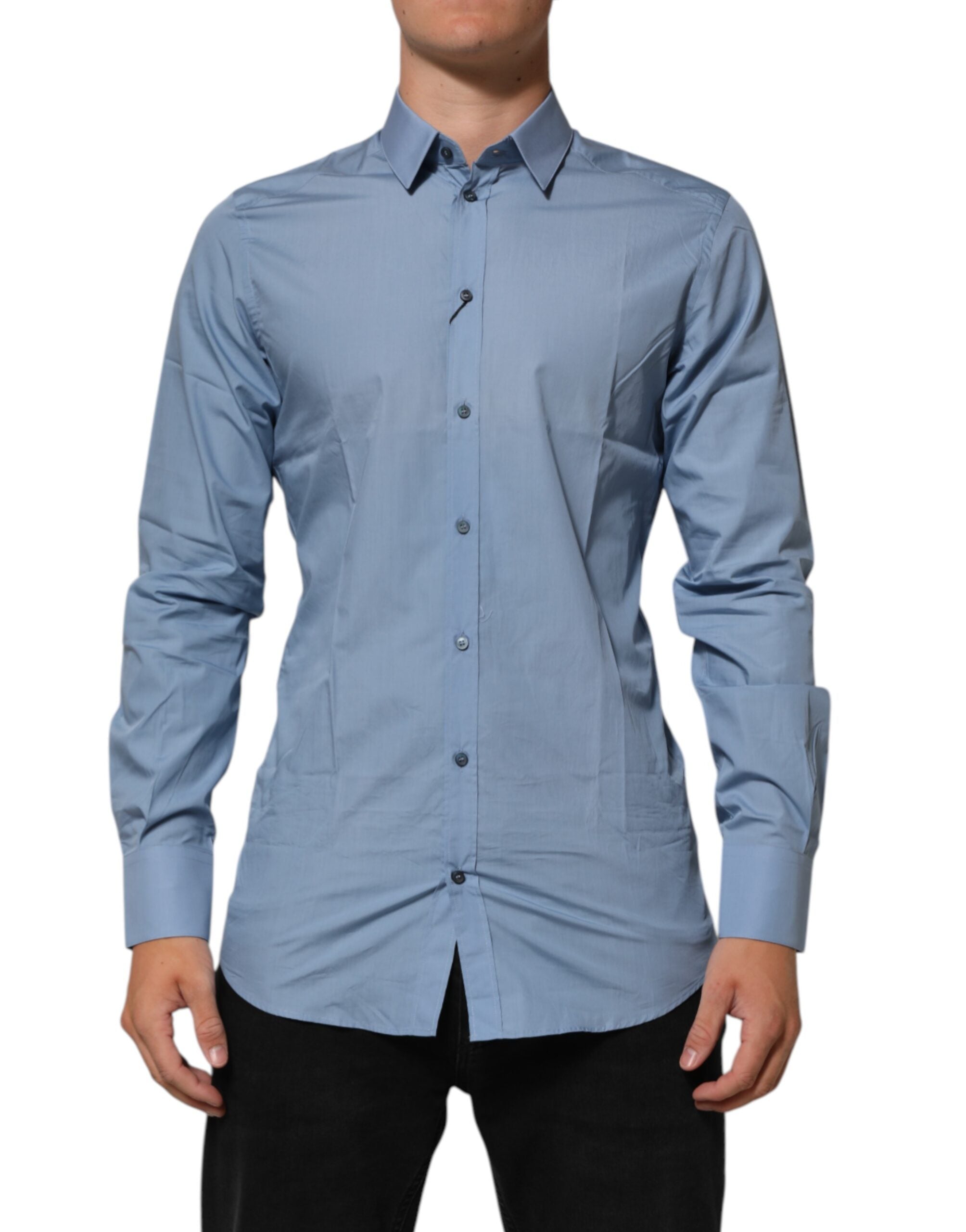 Dolce & Gabbana Blue Cotton Collared GOLD Formal Dress  Men's Shirt (Pre-Owned)
