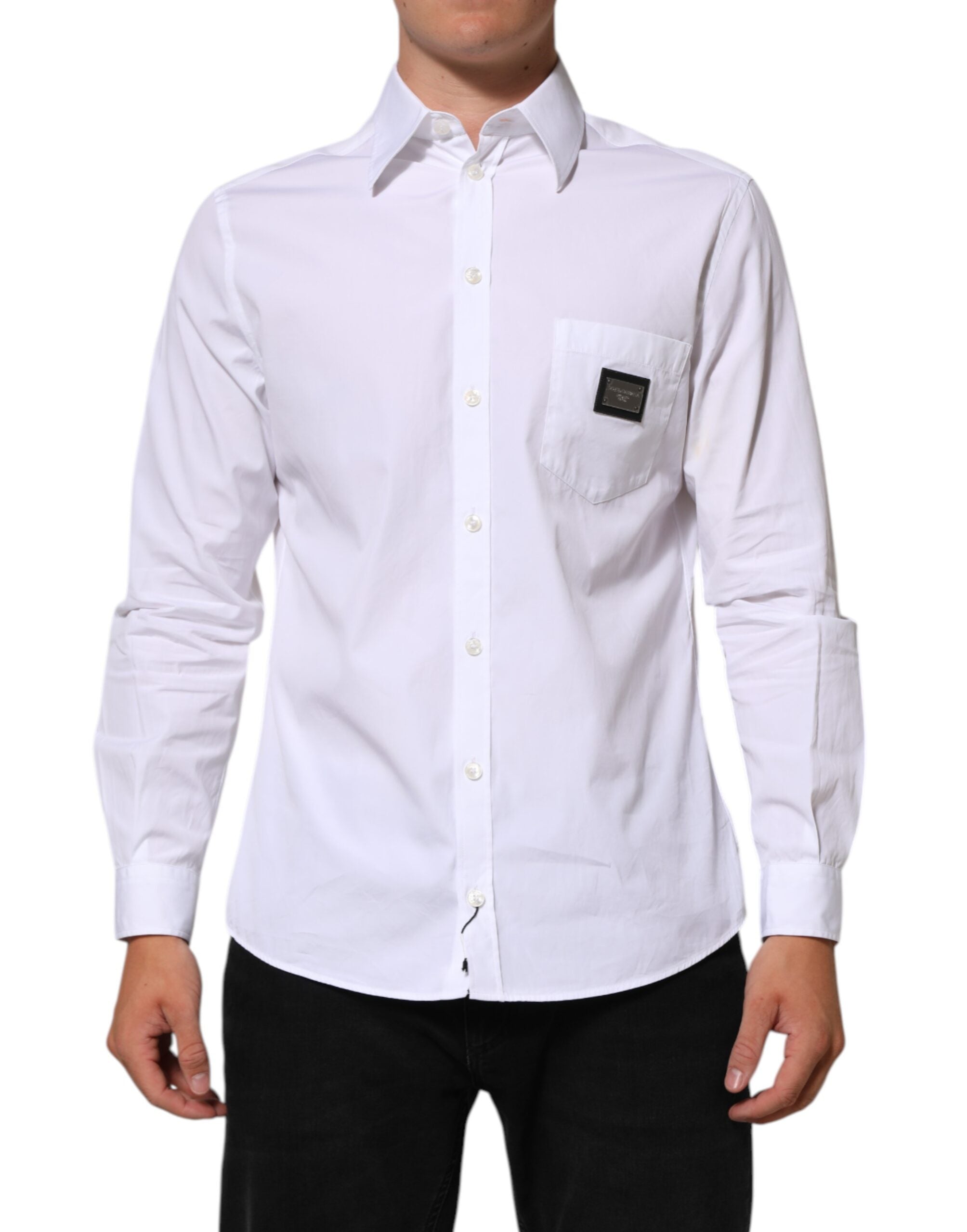 Dolce & Gabbana White Logo Plaque Collared Formal Dress  Men's Shirt (Pre-Owned)