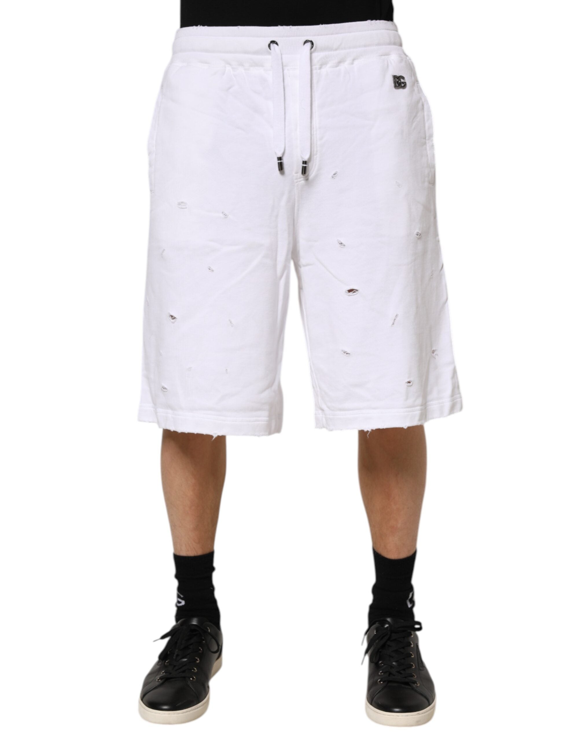 Dolce & Gabbana White Ripped Mid Waist Casual Bermuda Men's Short (Pre-Owned)
