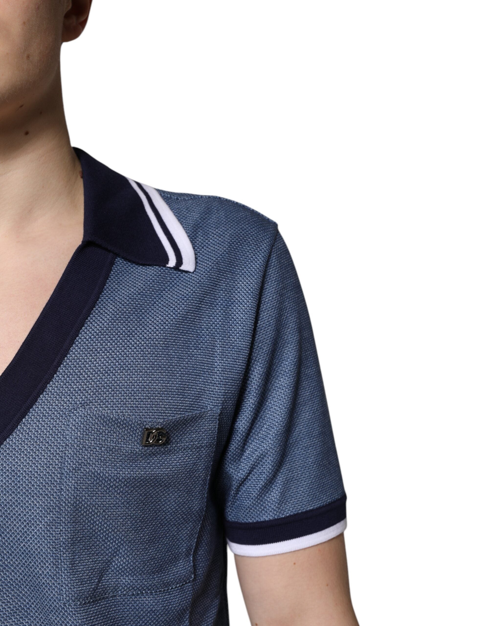 Dolce & Gabbana Blue Collared V-neck Silk Blend Polo Men's T-shirt