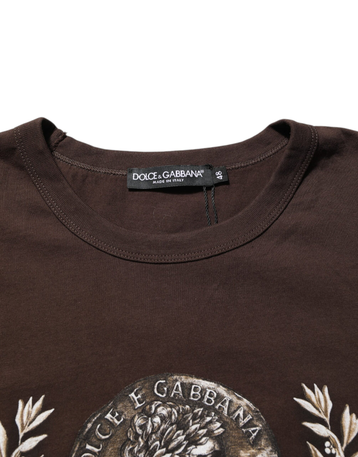 Dolce & Gabbana Brown Coin Laurel Print Men Crew Neck Men's T-shirt