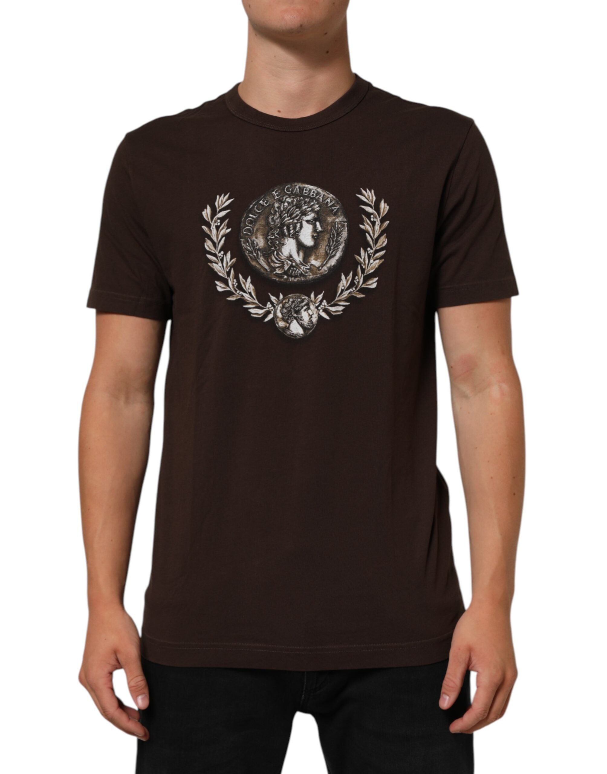 Dolce & Gabbana Brown Coin Laurel Print Men Crew Neck Men's T-shirt (Pre-Owned)