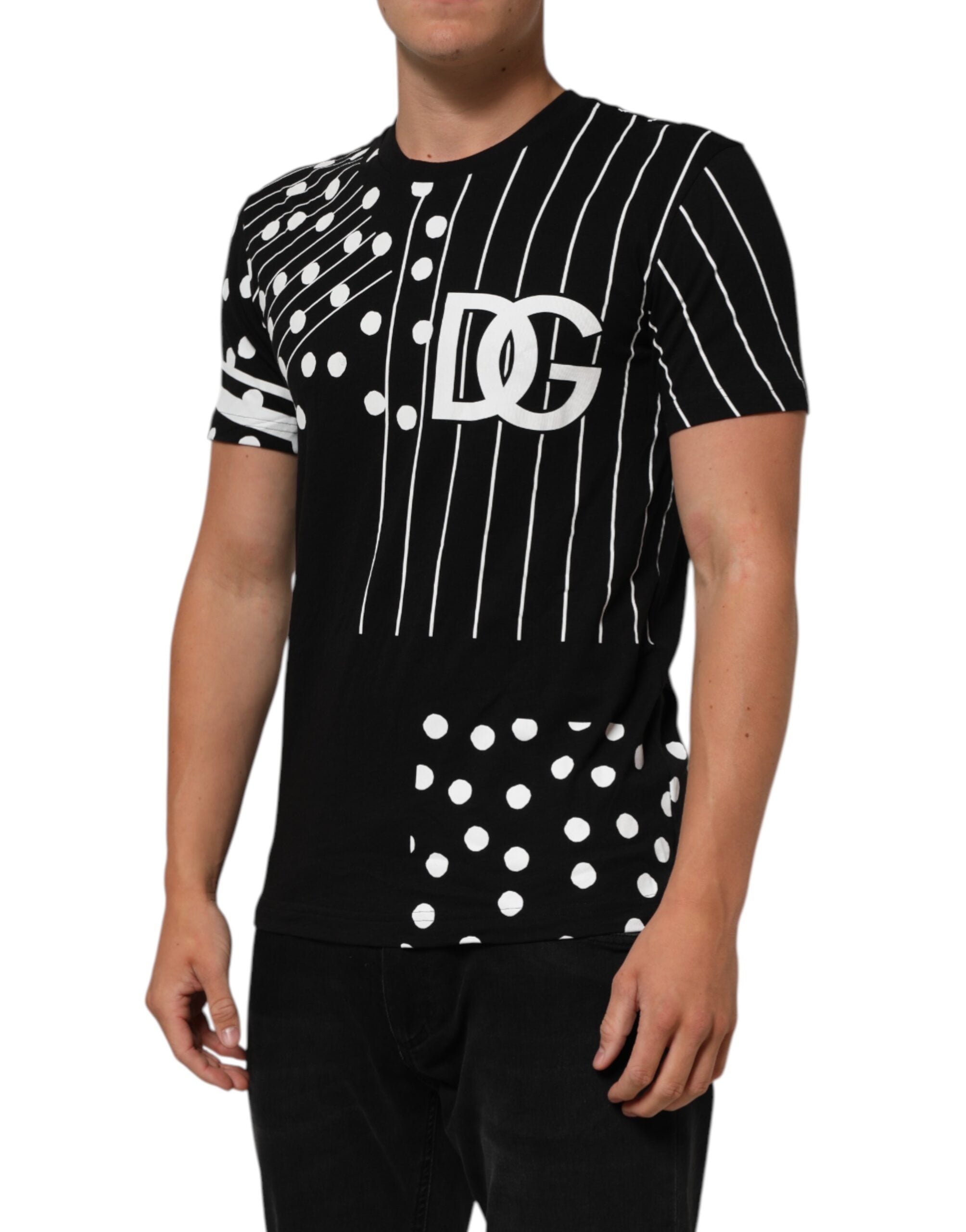 Dolce & Gabbana Black Cotton Polka Dots Round Neck Men's T-shirt