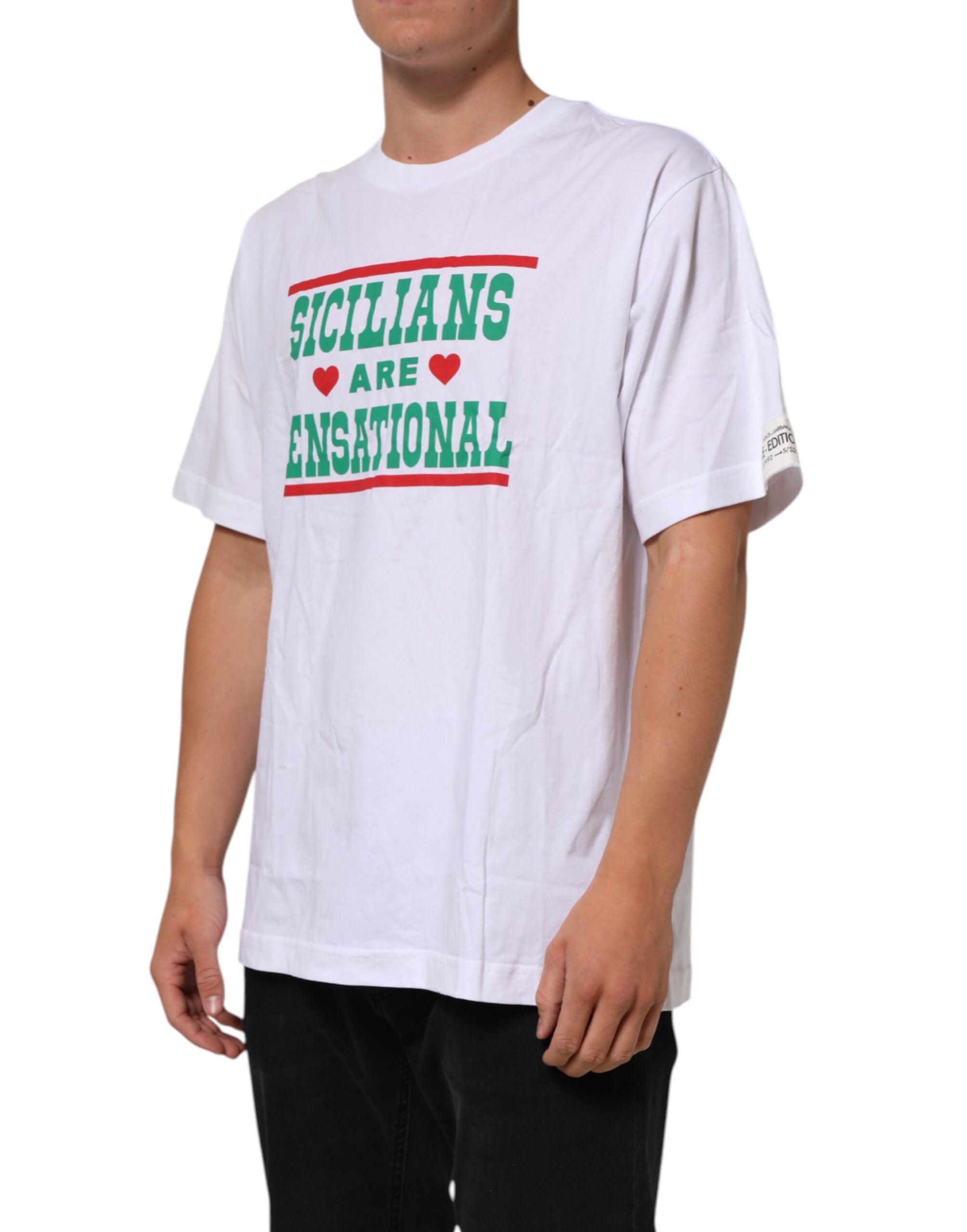 Dolce & Gabbana White Graphic Print Cotton Crew Neck Men's T-shirt
