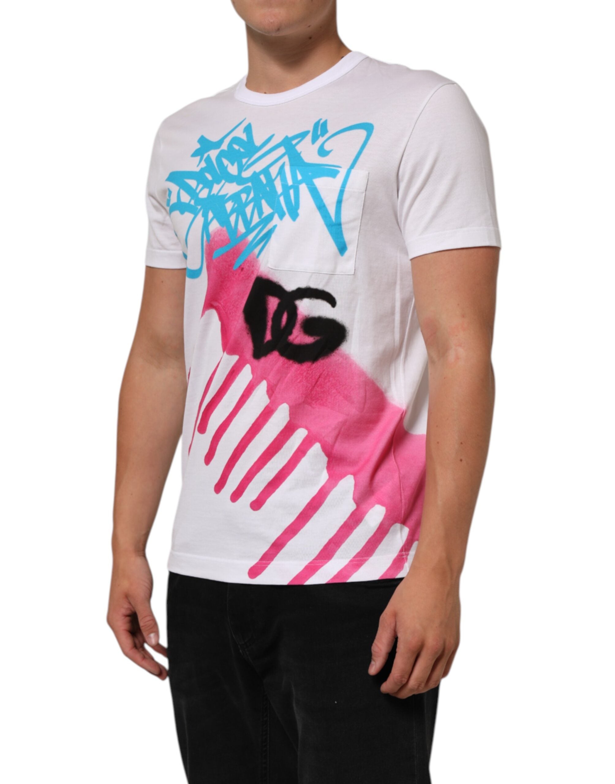 Dolce & Gabbana White Graphic Print Cotton Crew Neck Men's T-shirt