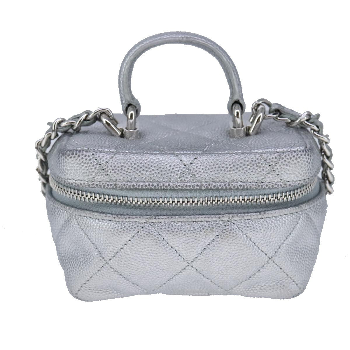 Chanel Classic Vanity Case With Chain Quilted Caviar Silver Leather Shoulder Bag Bag (Pre-Owned)