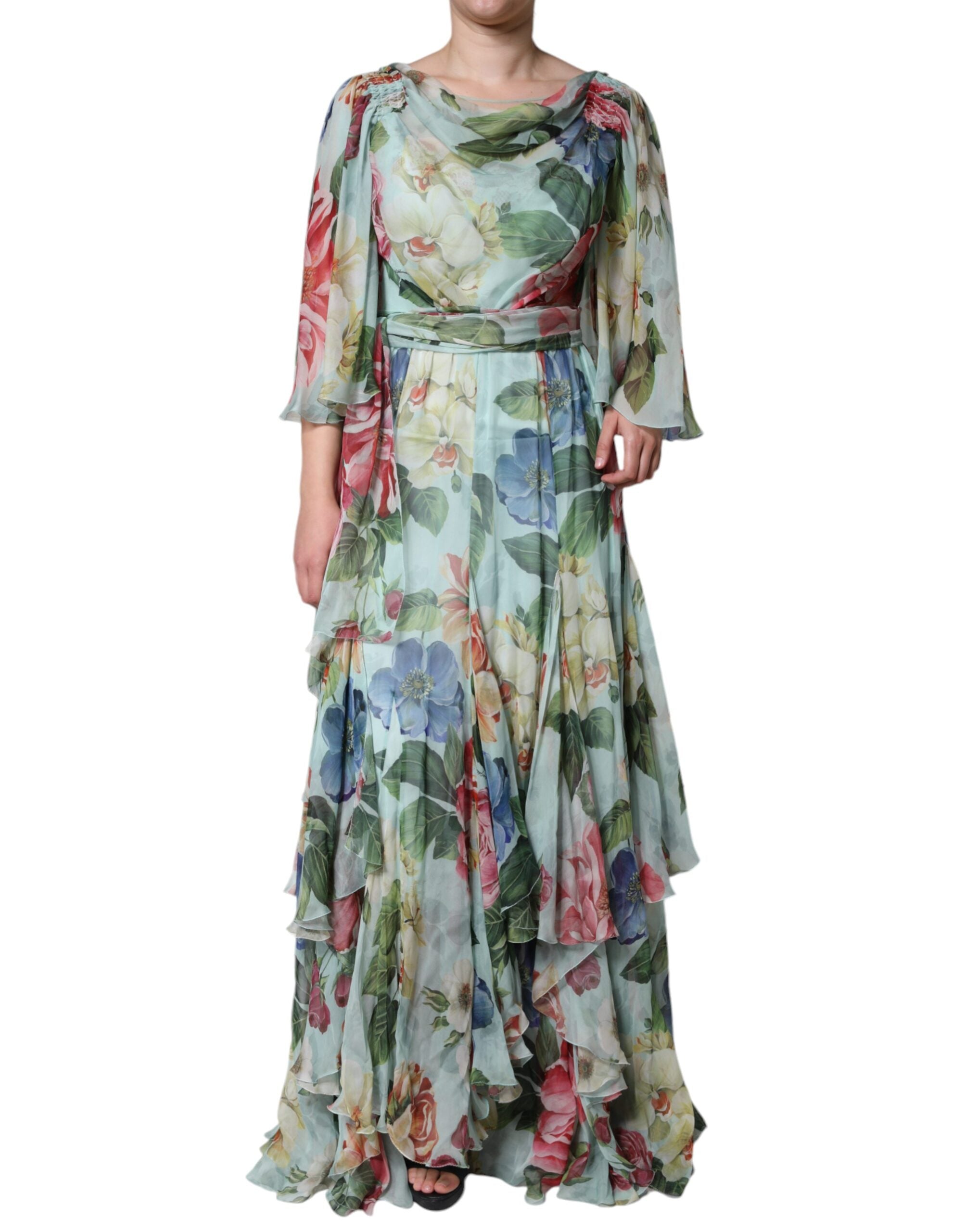Dolce & Gabbana Blue Floral Print Tiered Long Maxi Women's Dress (Pre-Owned)