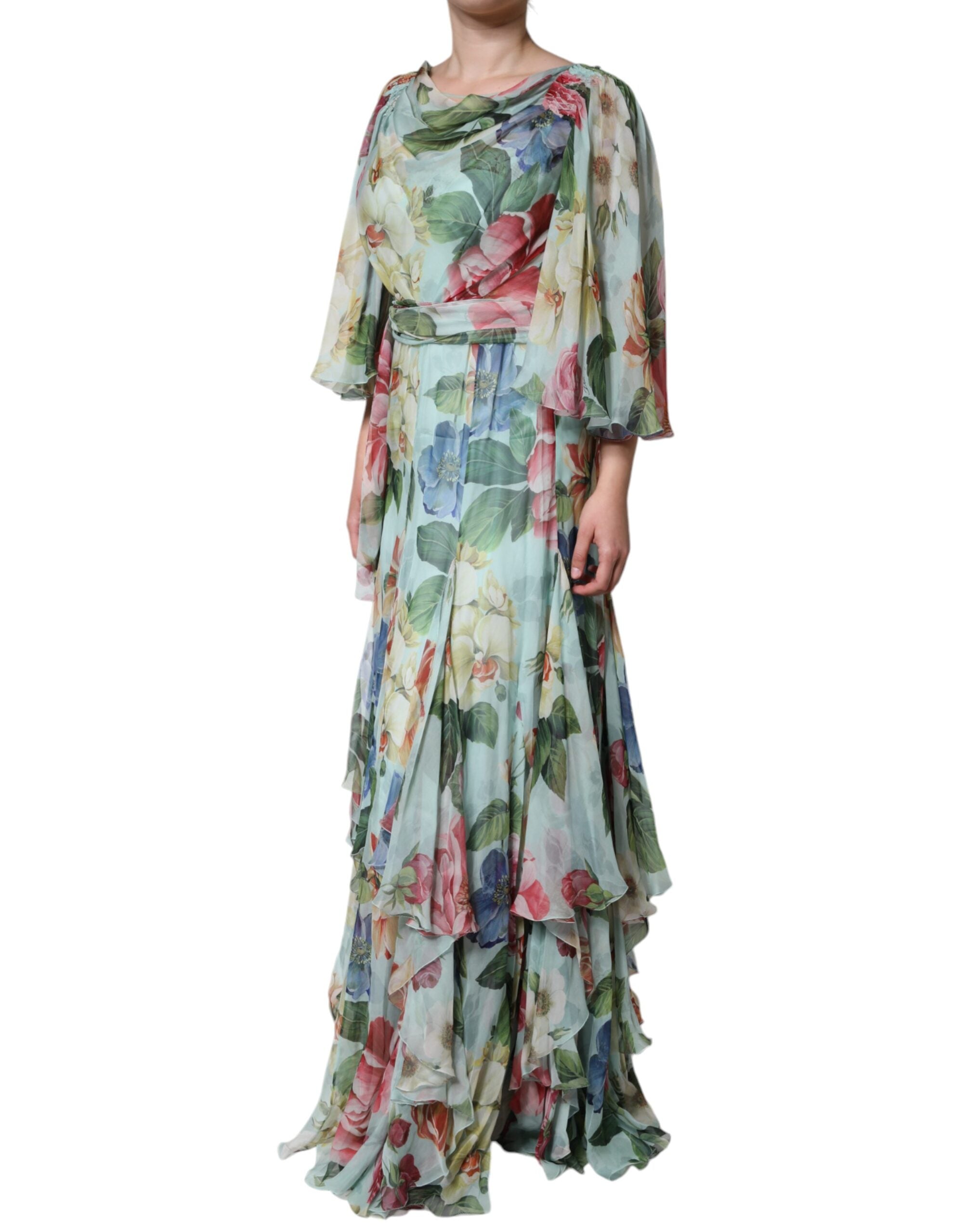 Dolce & Gabbana Blue Floral Print Tiered Long Maxi Women's Dress (Pre-Owned)