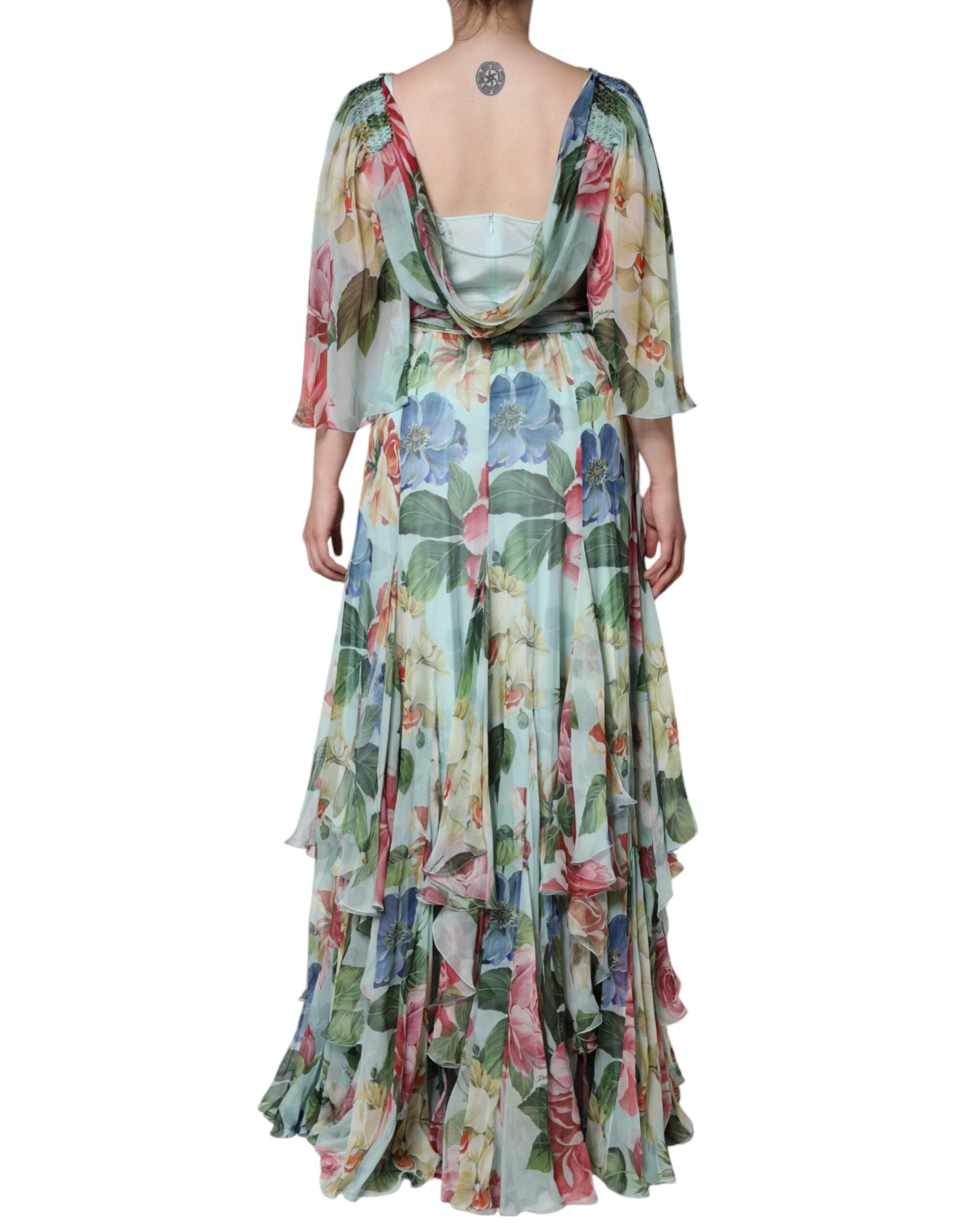 Dolce & Gabbana Blue Floral Print Tiered Long Maxi Women's Dress (Pre-Owned)