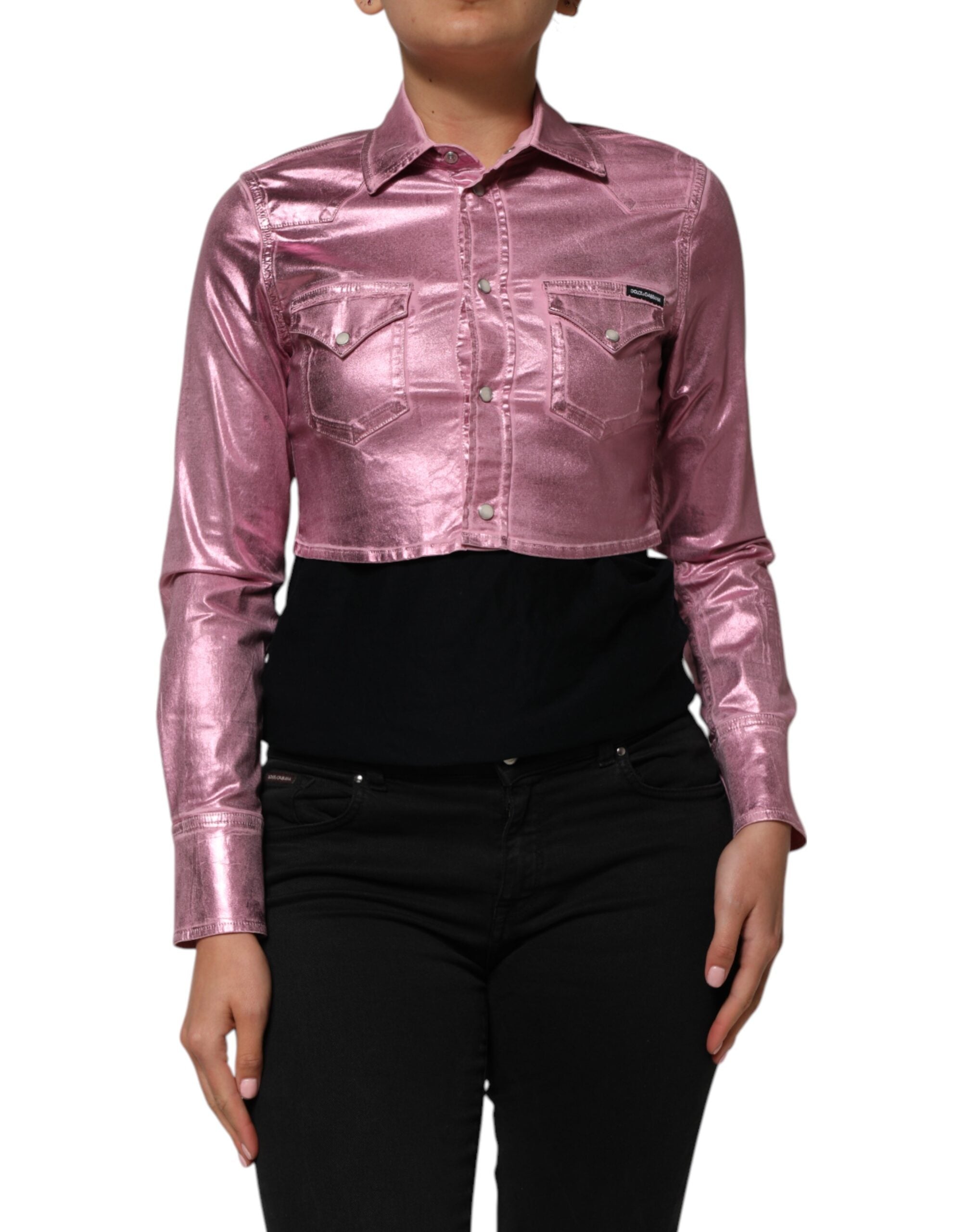 Dolce & Gabbana Pink Cotton Stretch Collared Cropped Women's Jacket (Pre-Owned)