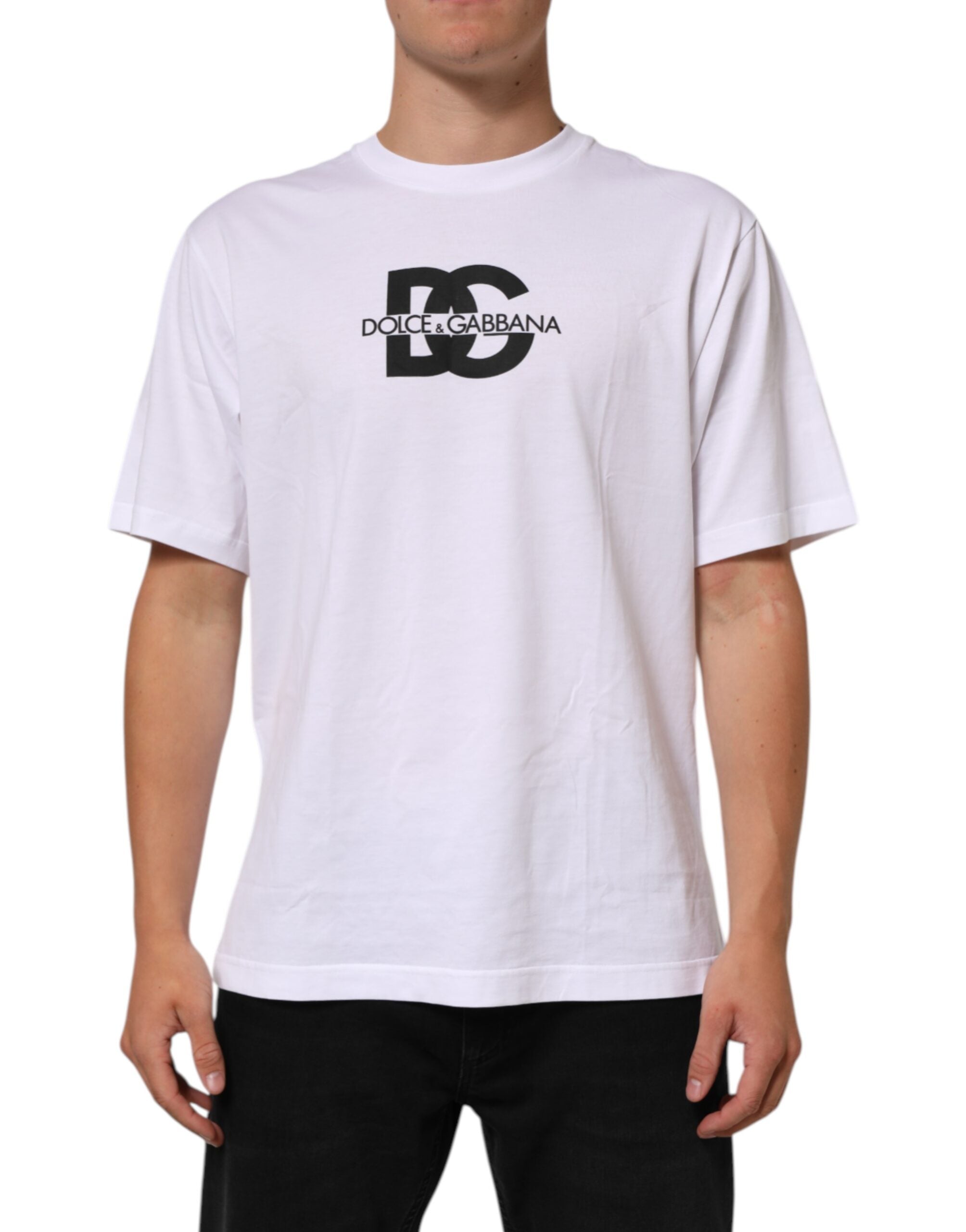 Dolce & Gabbana White Logo Print Cotton Crew Neck Men Men's T-shirt