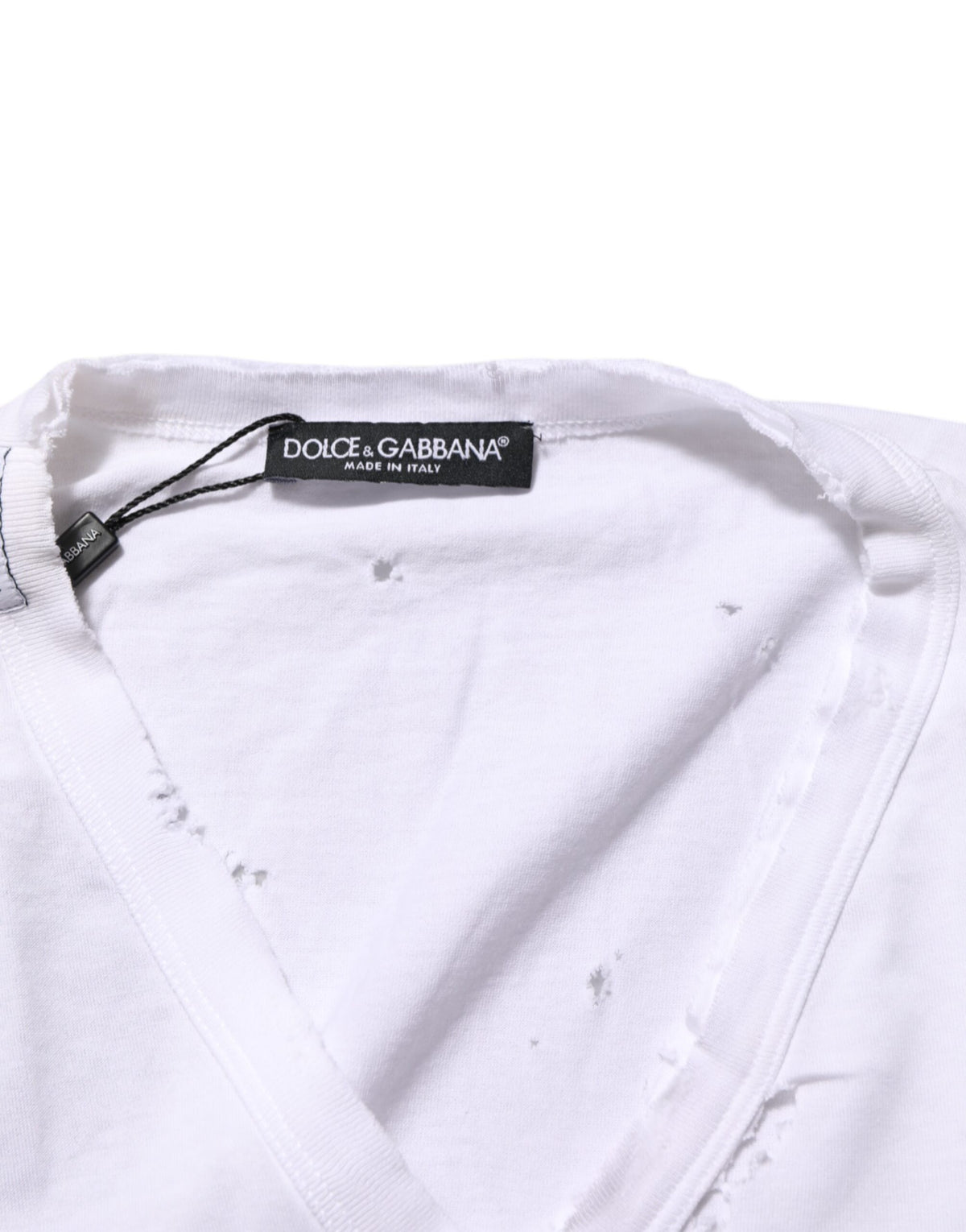 Dolce & Gabbana White Distressed Cotton V Neck Men Men's T-shirt