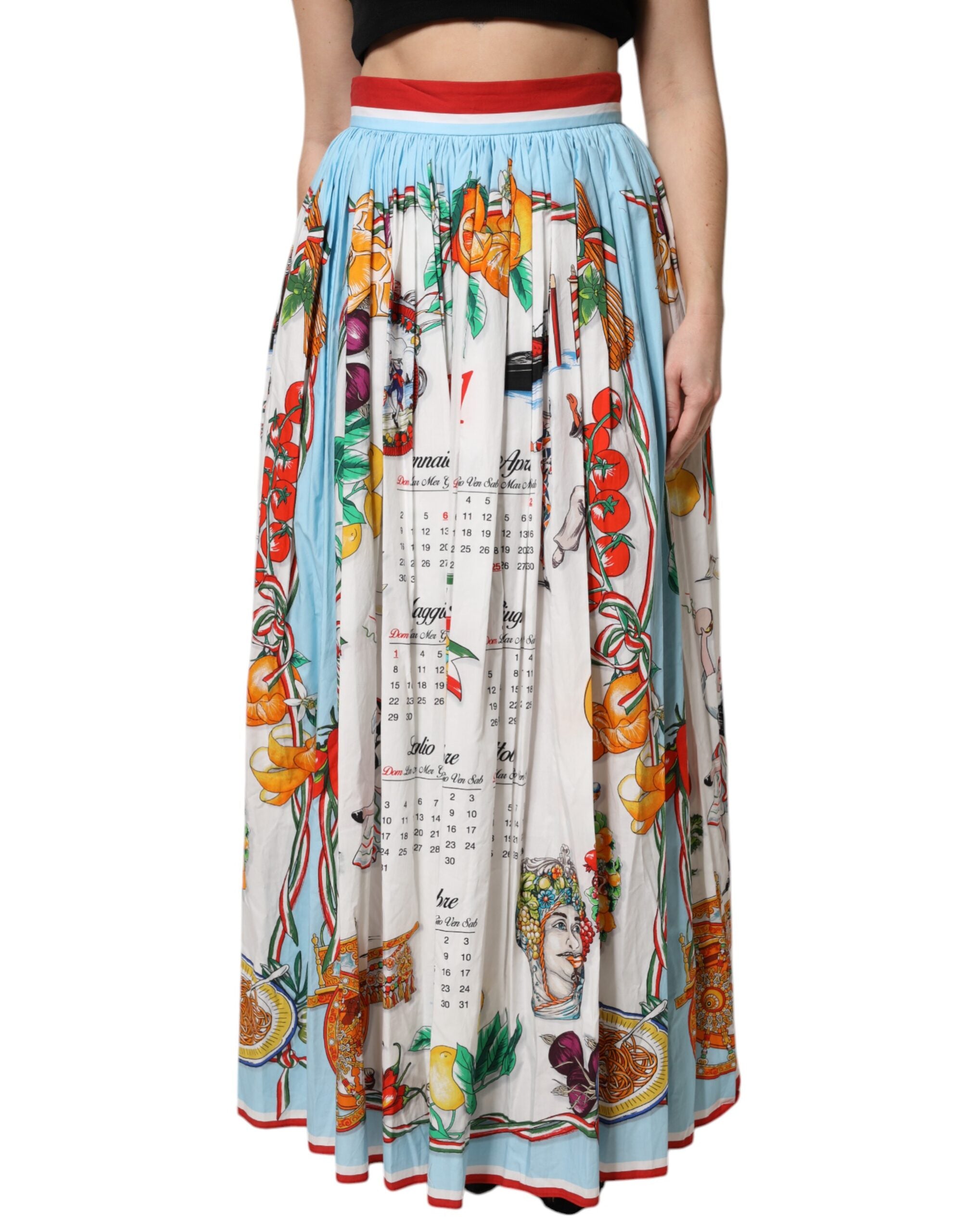 Dolce & Gabbana White Calendar Print Cotton Gathered Maxi Women's Skirt