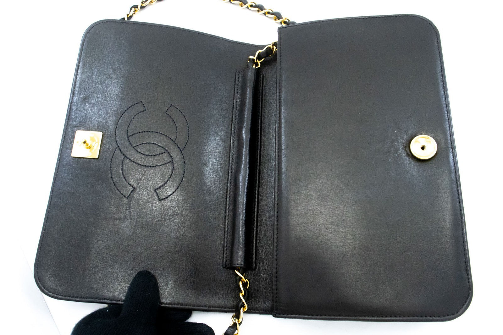 Chanel Vintage Full Flap Quilted Lambskin Black Leather Shoulder Bag Bag (Pre-Owned)