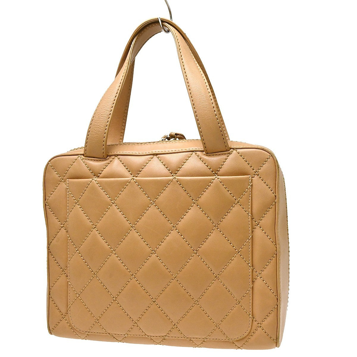 Chanel Surpique Zip Around Satchel Quilted Leather Beige Leather Handbag (Pre-Owned)