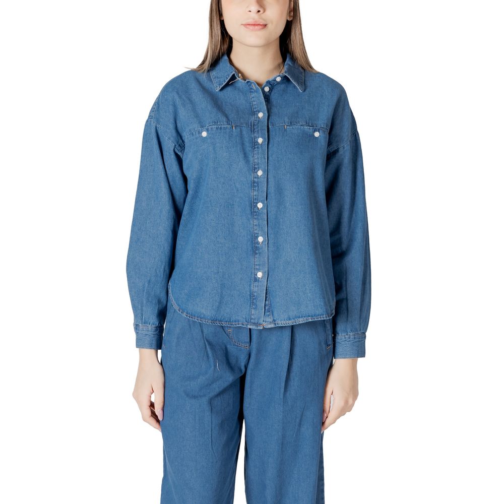 ICHI Blue Cotton Women's Blouse