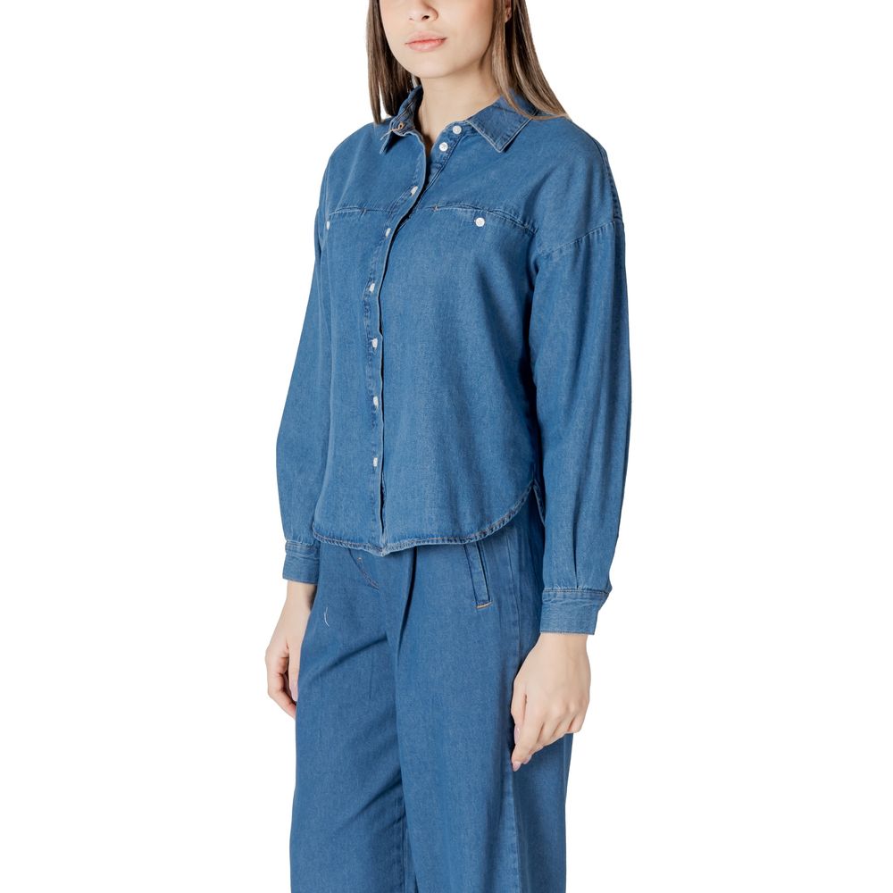 ICHI Blue Cotton Women's Blouse