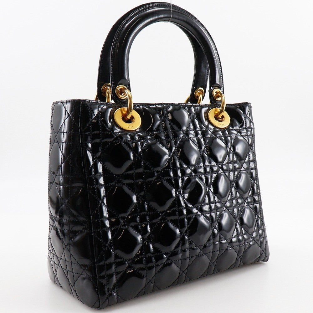 Christian Dior Lady Dior Nm Cannage Quilt Patent Black Patent_Leather Tote Bag Bag (Pre-Owned)