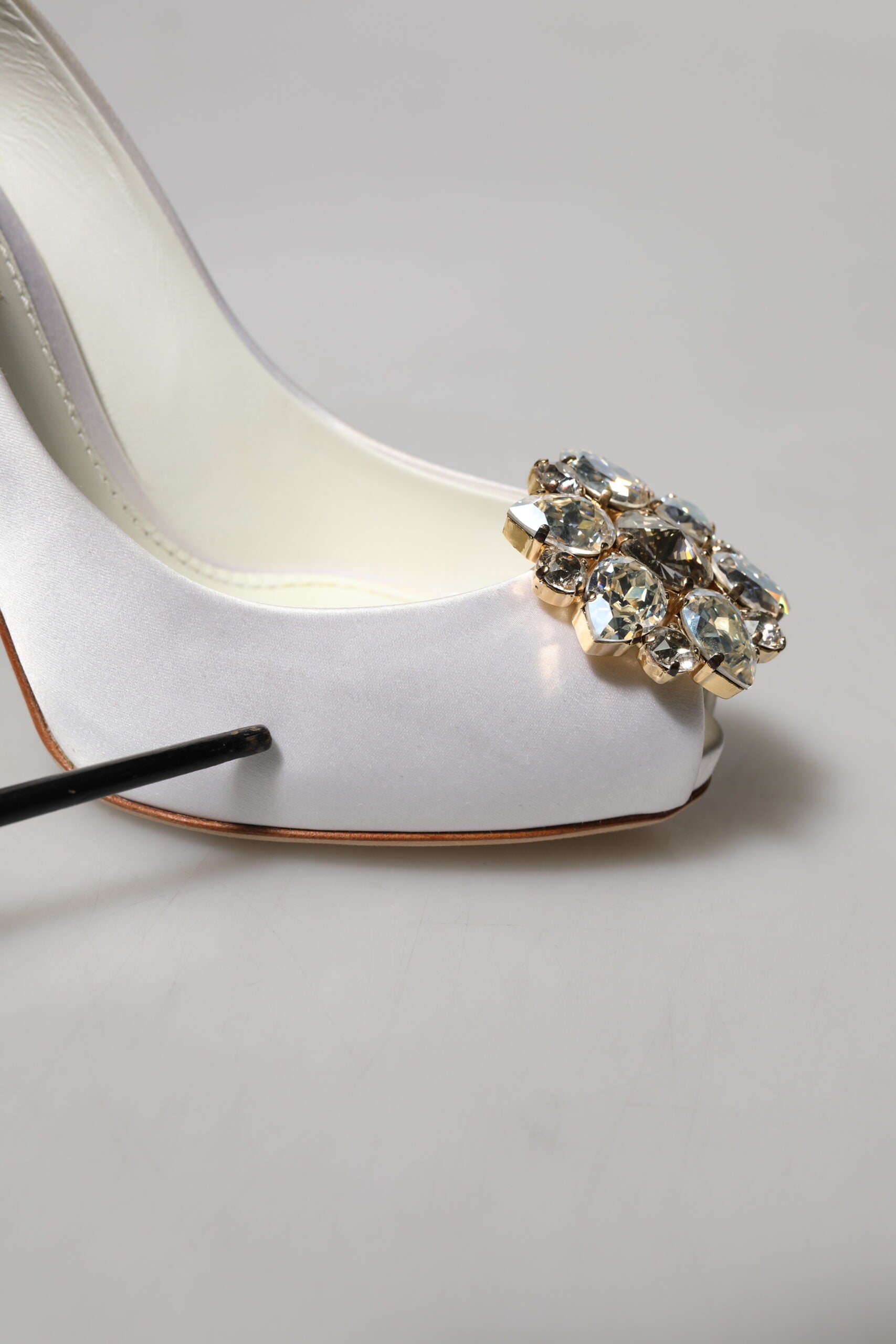 Dolce & Gabbana White Crystals Peep Toe Satin Pumps Women's Shoes (Pre-Owned)