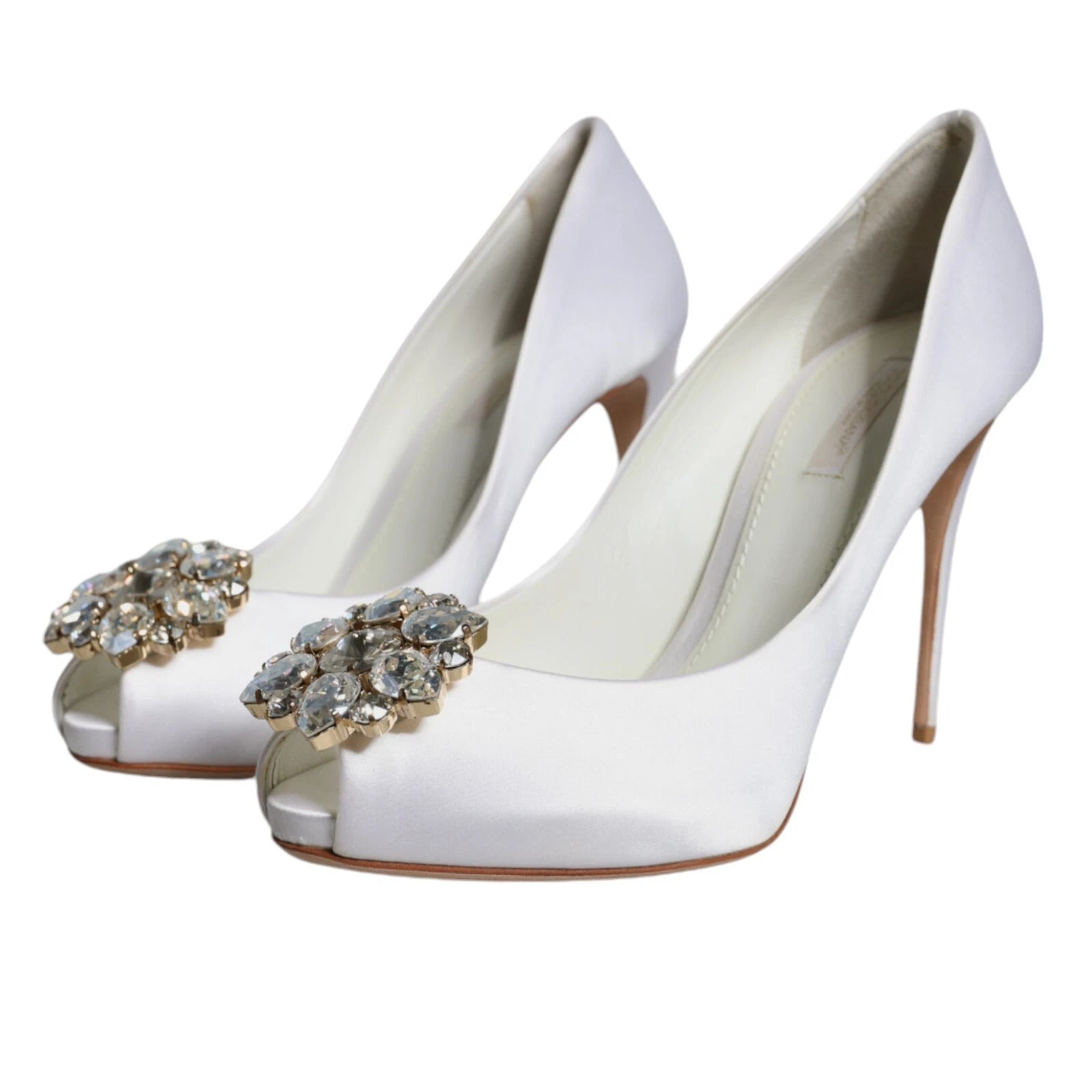 Dolce & Gabbana White Crystals Peep Toe Satin Pumps Women's Shoes (Pre-Owned)
