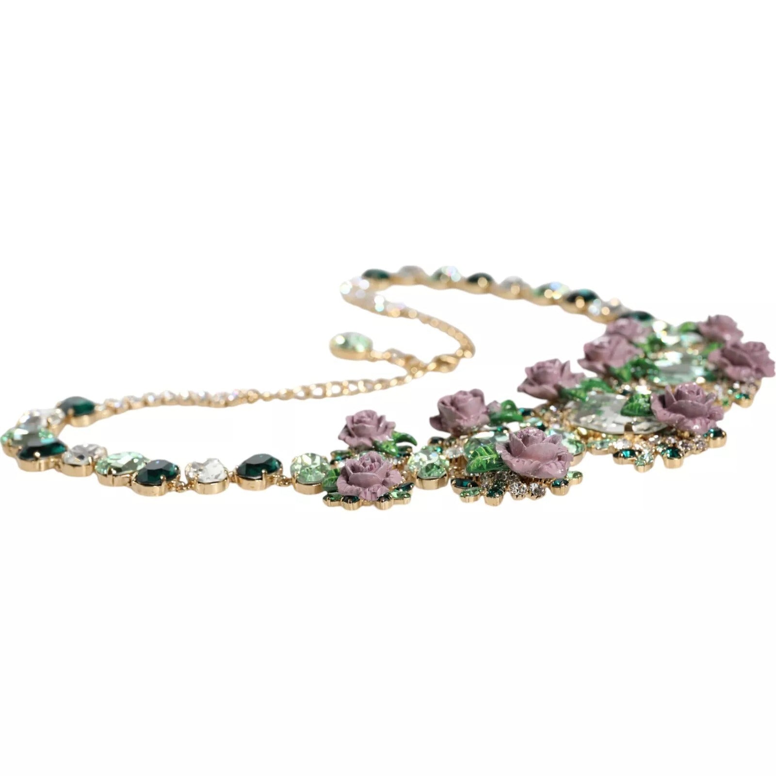 Dolce & Gabbana Gold Brass Link Chain Rose Petal Crystal Women's Necklace