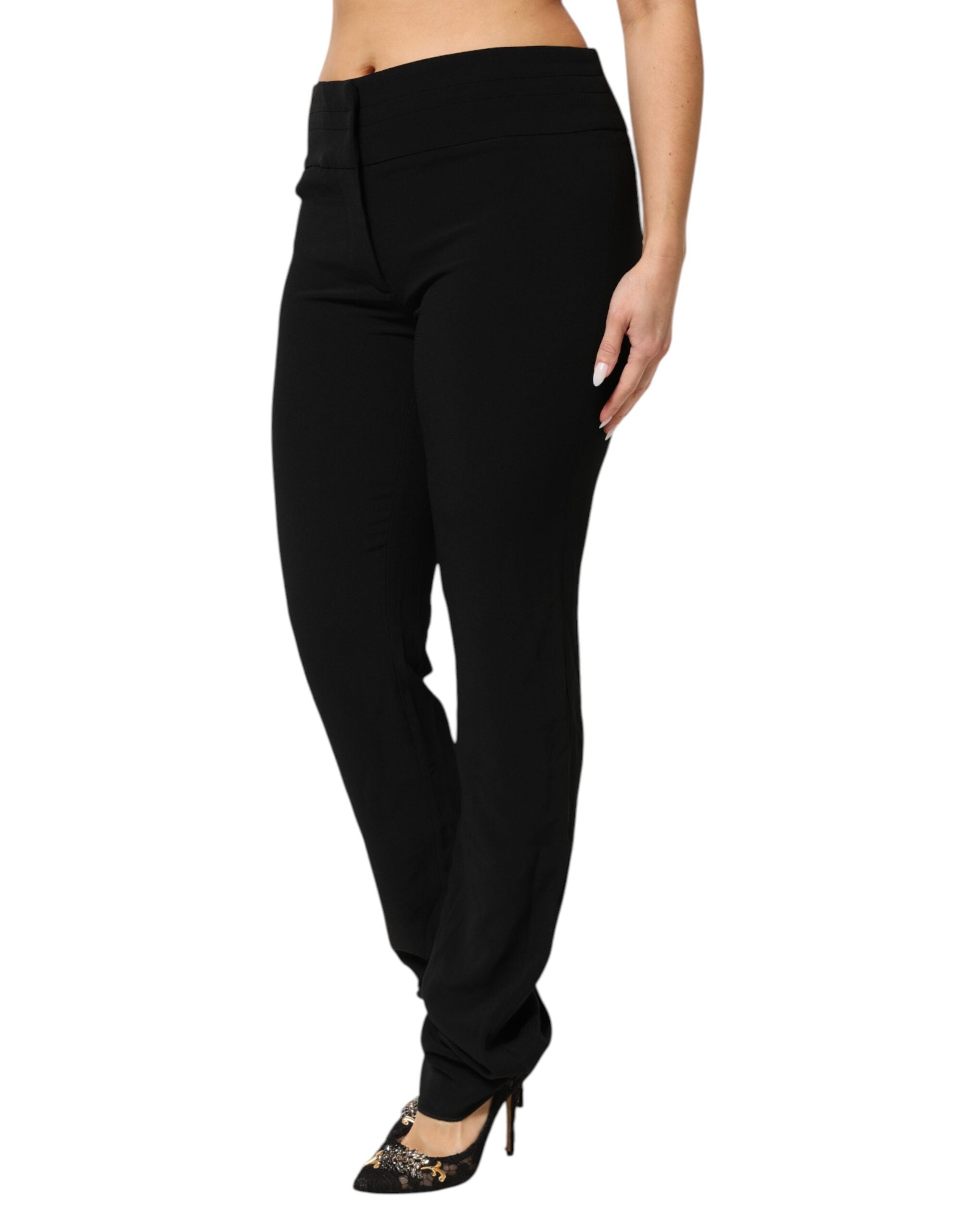 Exte Black Viscose Acetate Blend Straight Leg High Waist Women's Pants