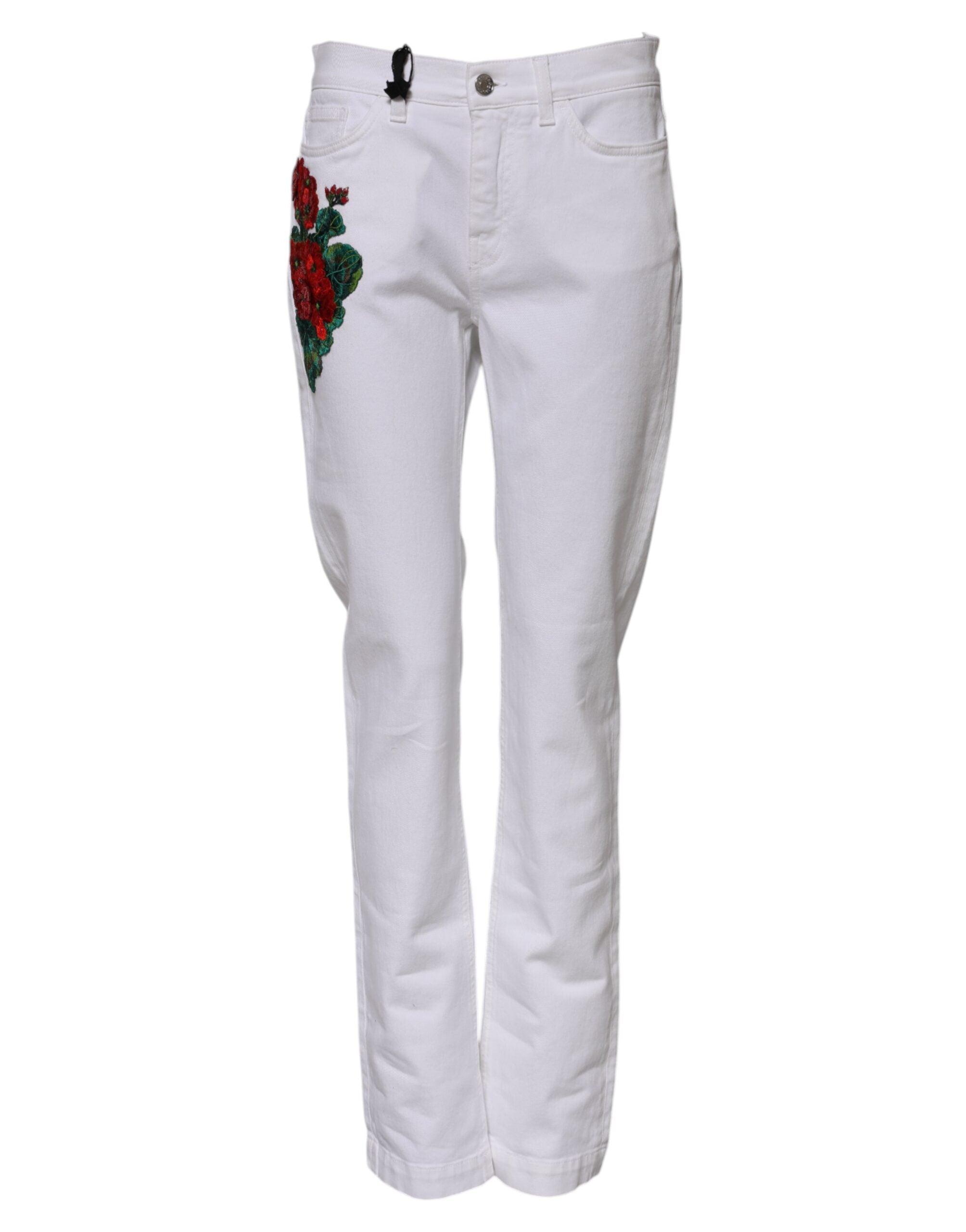 Dolce & Gabbana White Floral Sequined Embroid GIRLY Denim Women's Jeans (Pre-Owned)