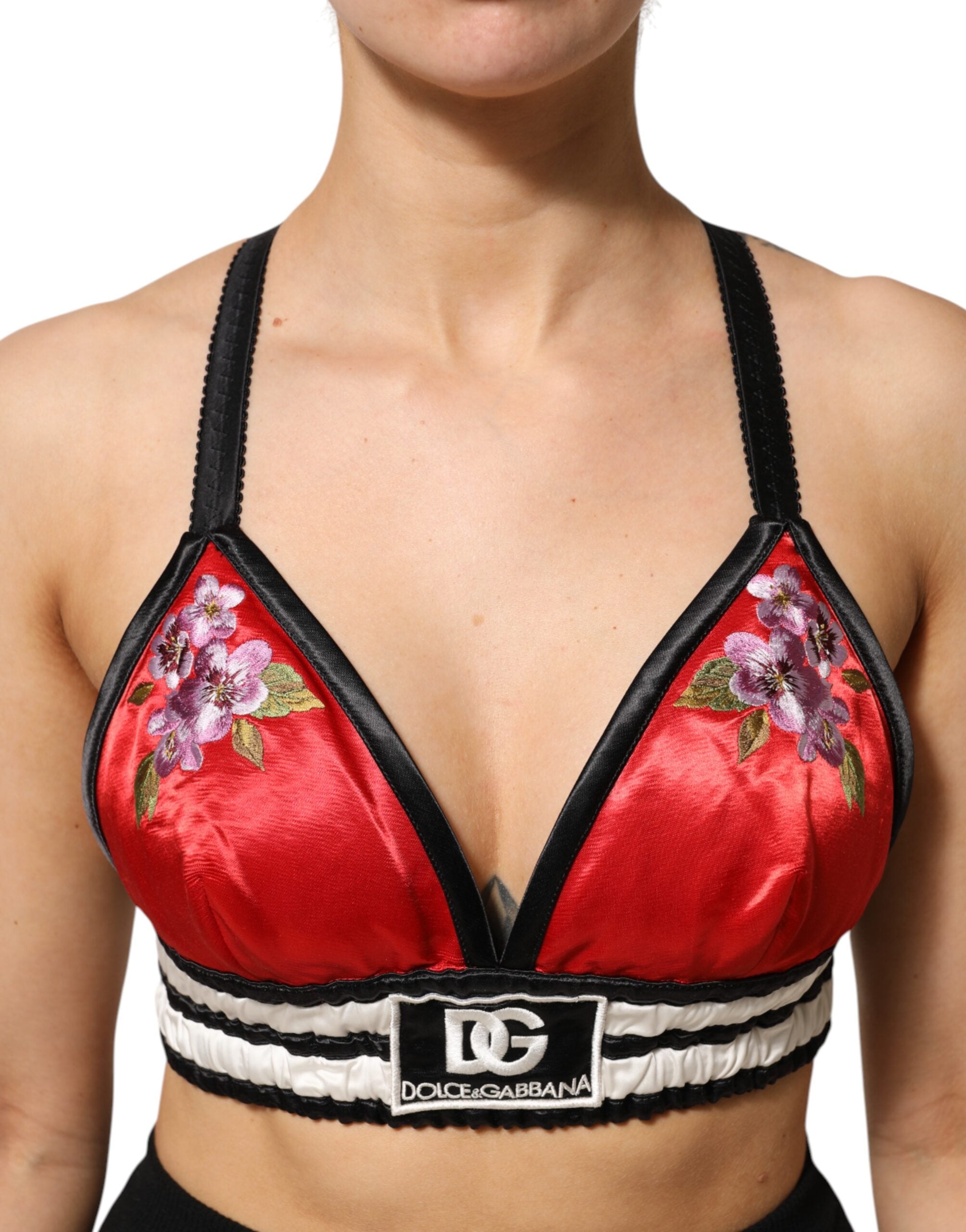 Dolce & Gabbana Red Satin Floral Embroidered Bralette Crop Women's Top