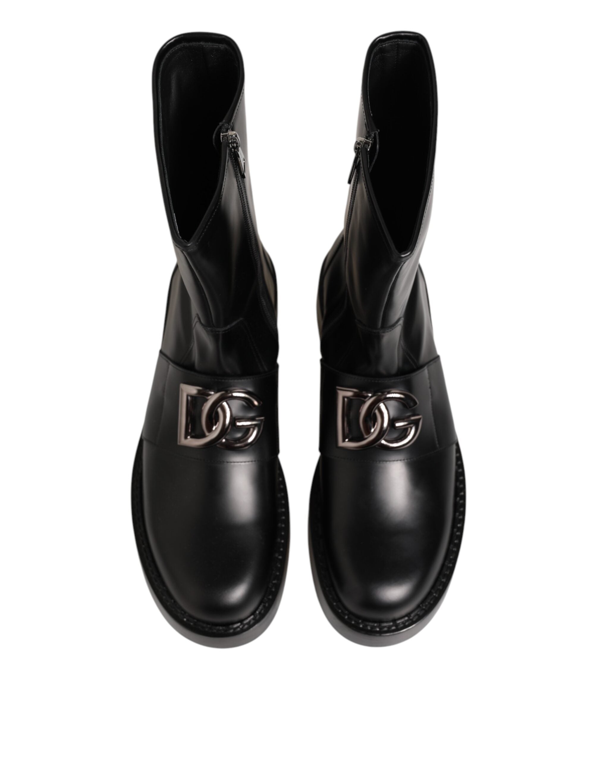 Dolce & Gabbana Black Logo Plaque Mid Calf Biker Boots Men's Shoes