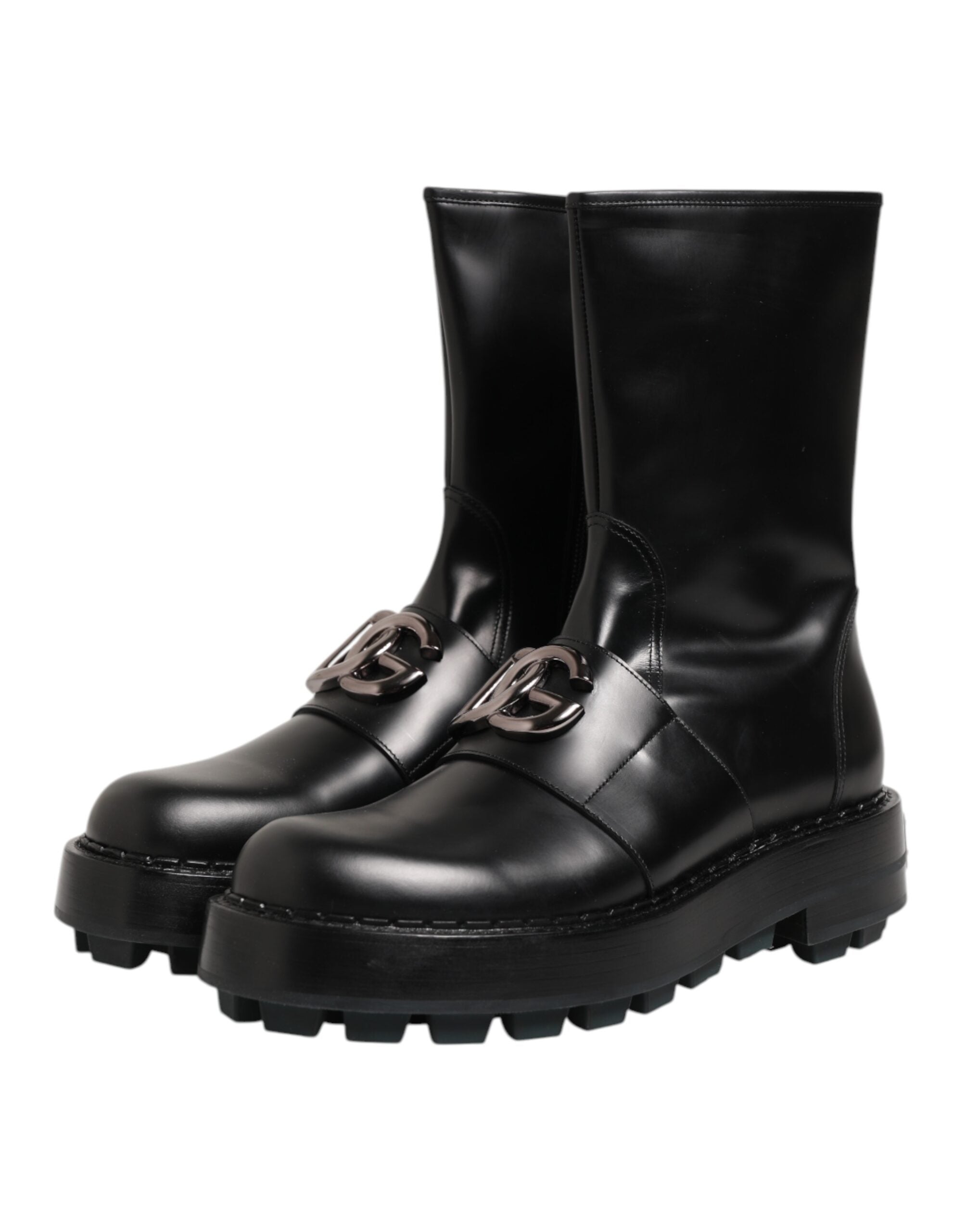 Dolce & Gabbana Black Logo Plaque Mid Calf Biker Boots Men's Shoes