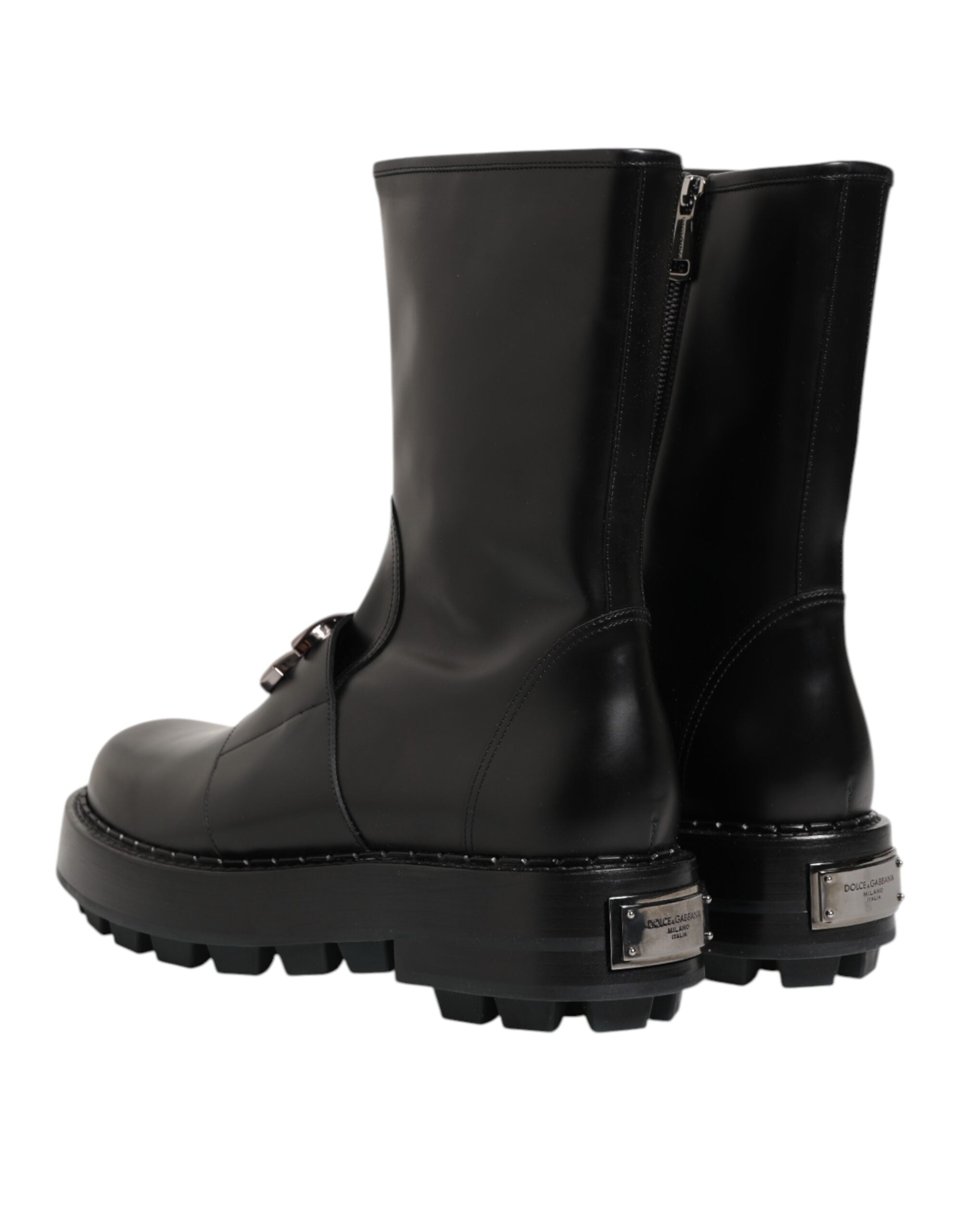 Dolce & Gabbana Black Logo Plaque Mid Calf Biker Boots Men's Shoes