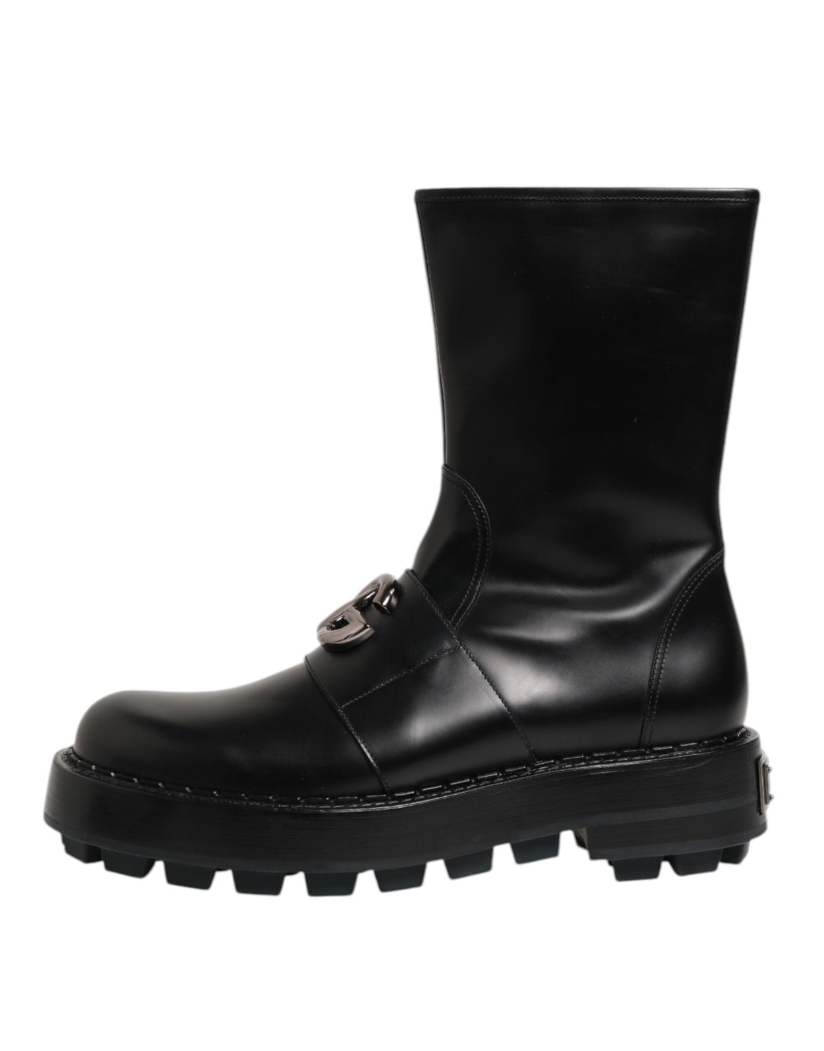 Dolce & Gabbana Black Logo Plaque Mid Calf Biker Boots Men's Shoes