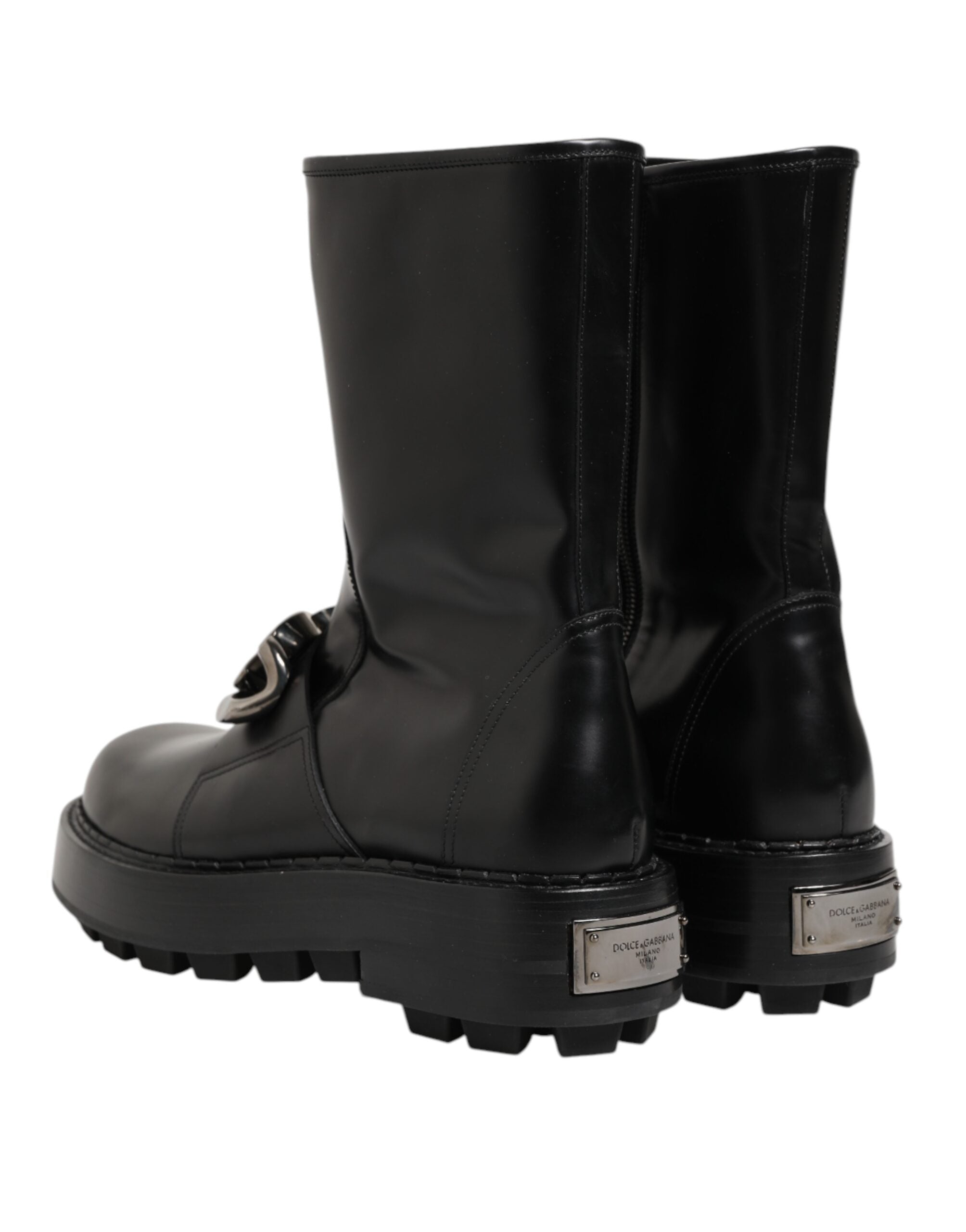 Dolce & Gabbana Black Logo Plaque Mid Calf Biker Boots Men's Shoes